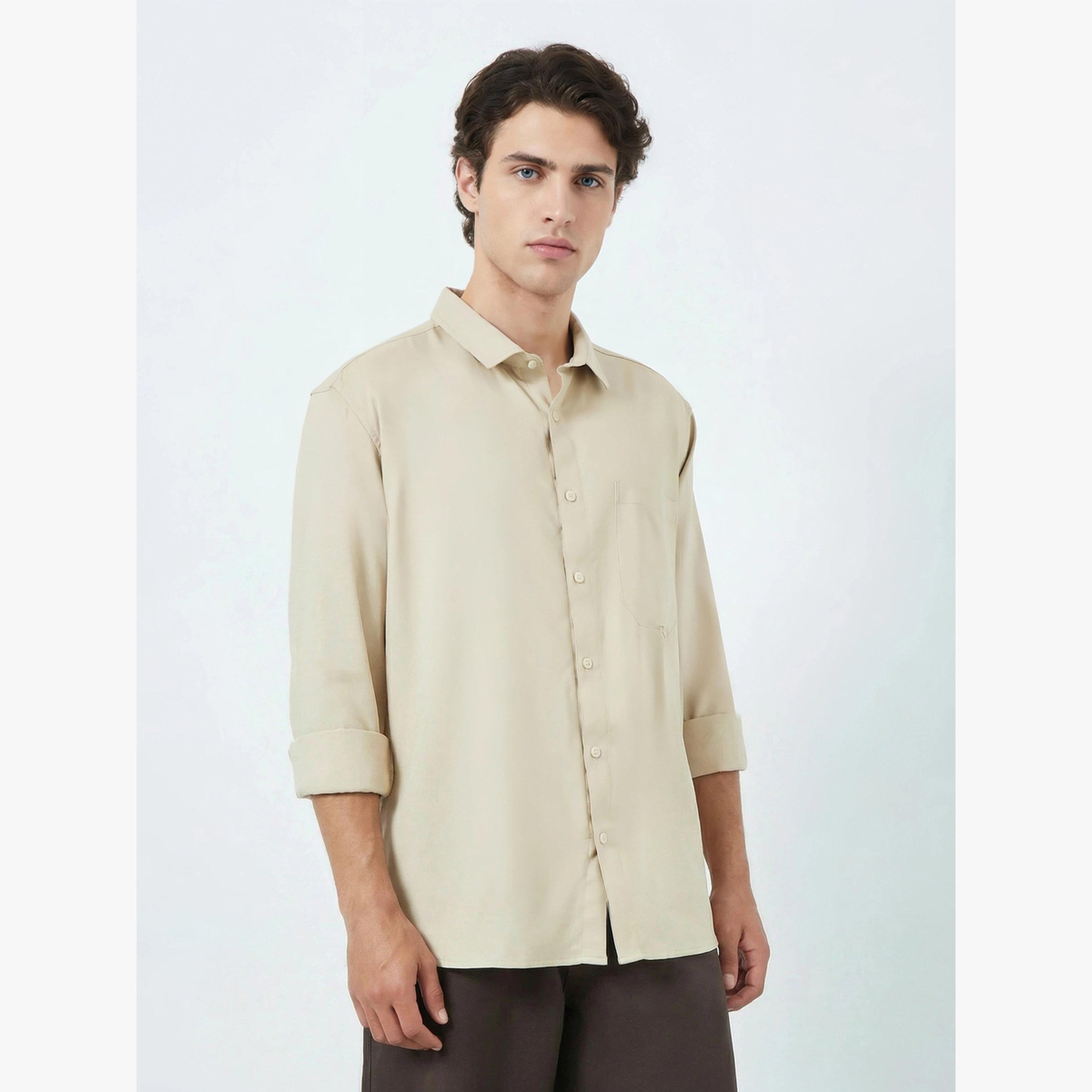 Styli Men Beige Solid Relaxed Fit Shirt-men-clothing-shirts-image-1