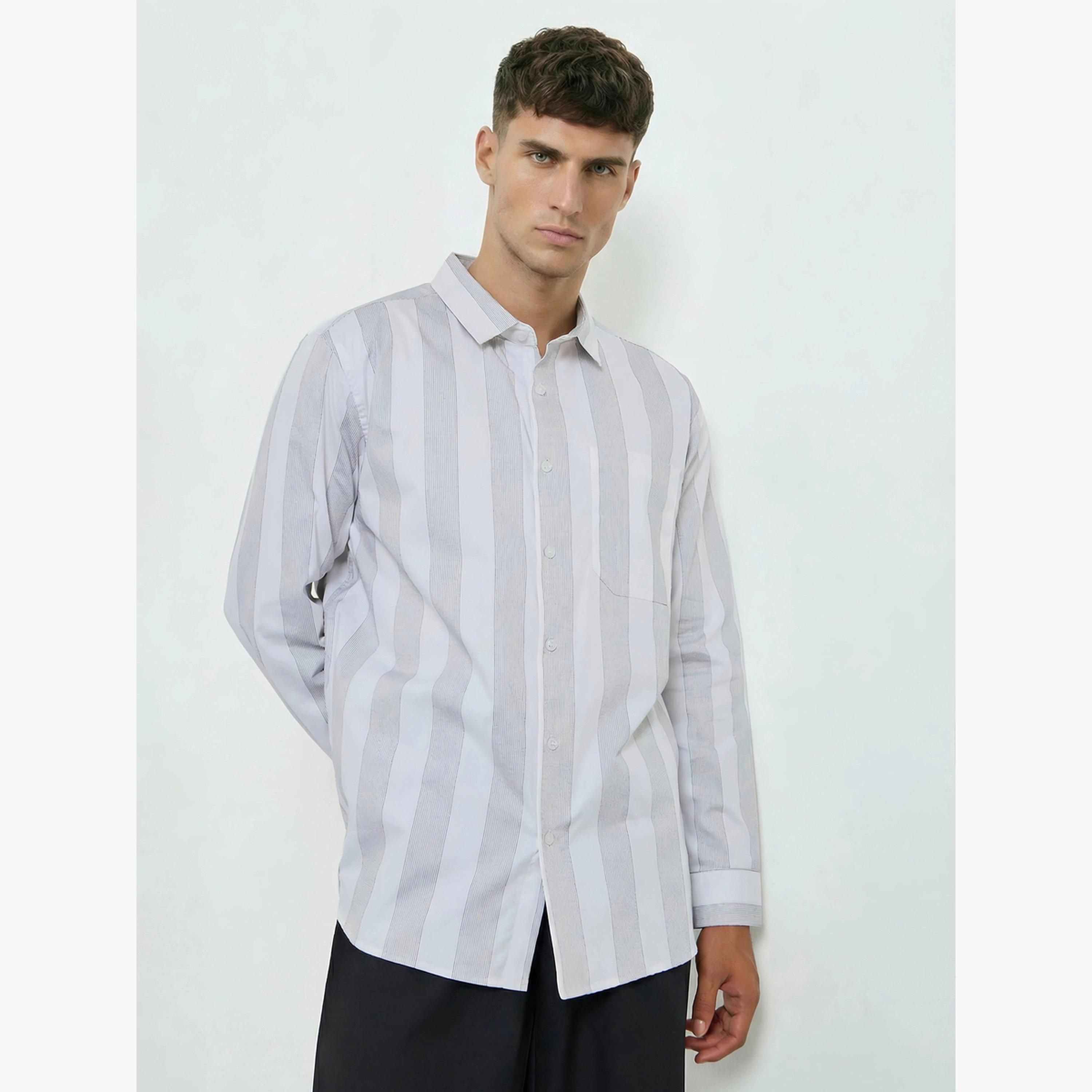 Styli Men Grey Relaxed Fit Cotton Striped Shirt-men-clothing-shirts-image-1