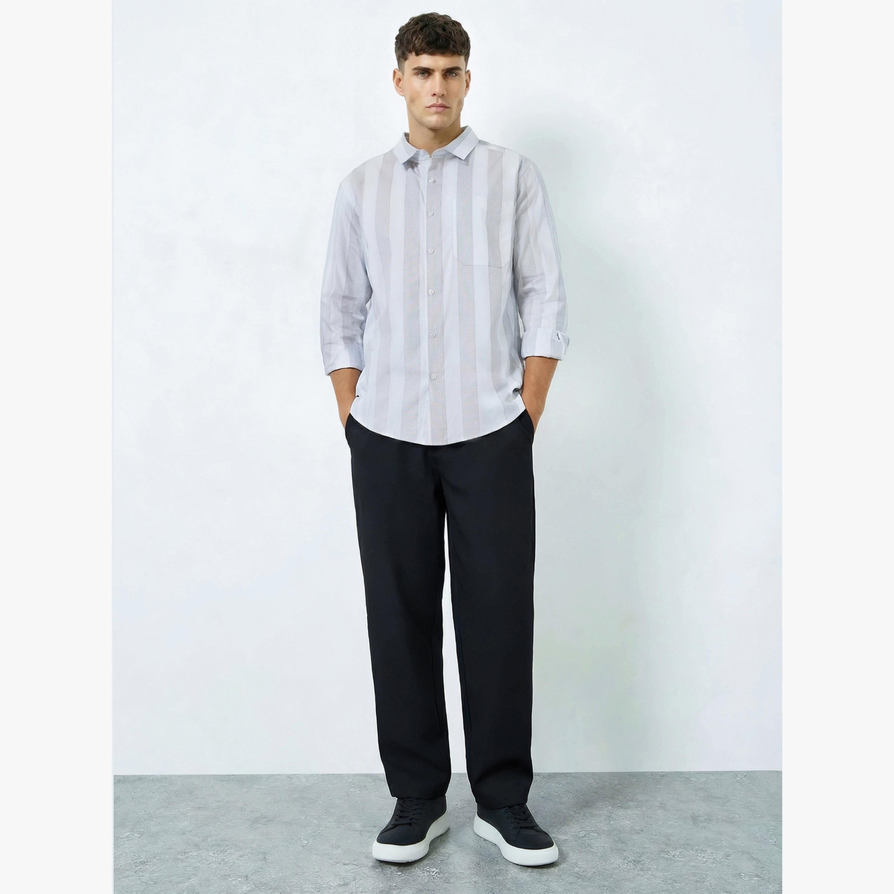 Styli Men Grey Relaxed Fit Cotton Striped Shirt-men-clothing-shirts-image-2