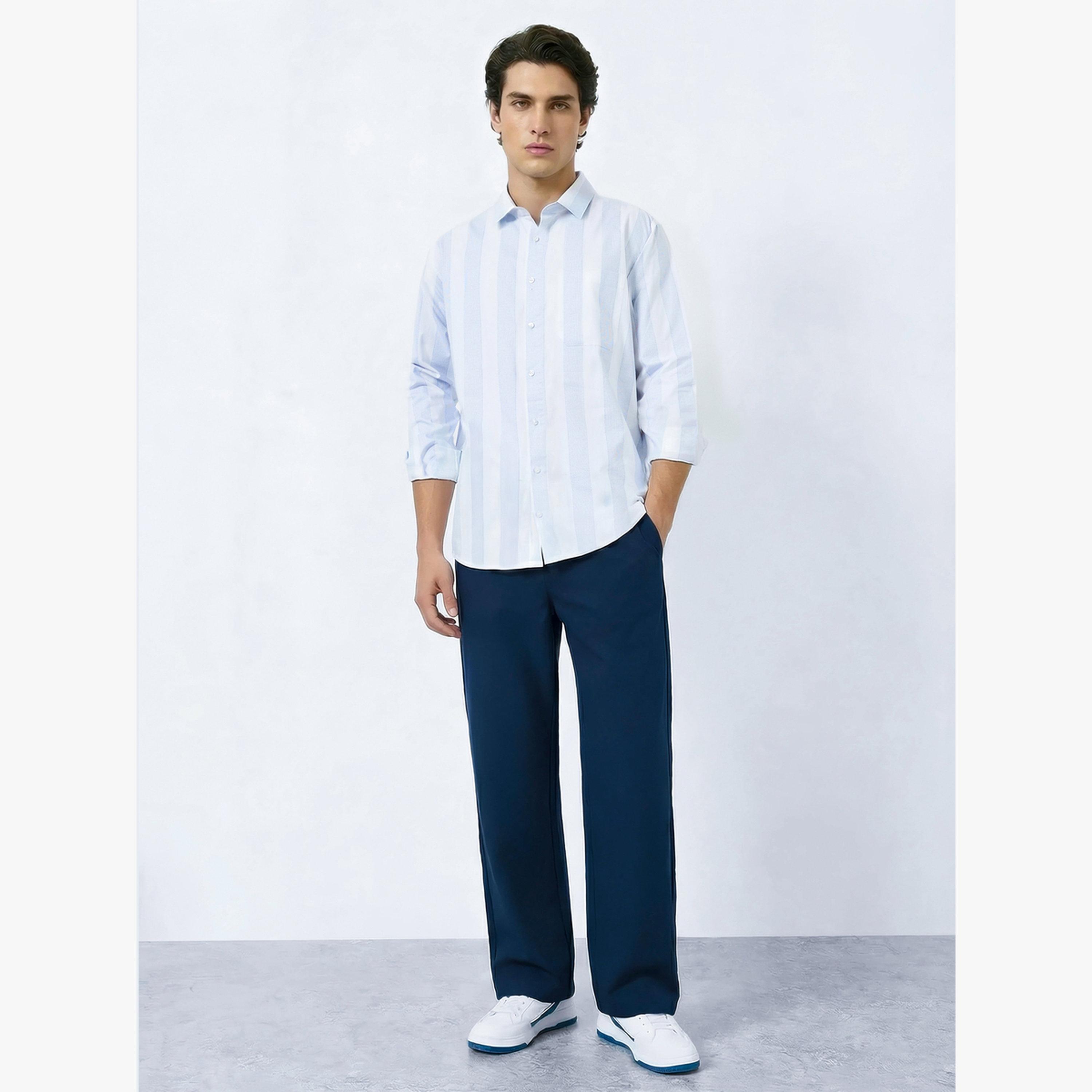 Styli Men Blue Relaxed Fit Cotton Striped Shirt-men-clothing-shirts-image-2