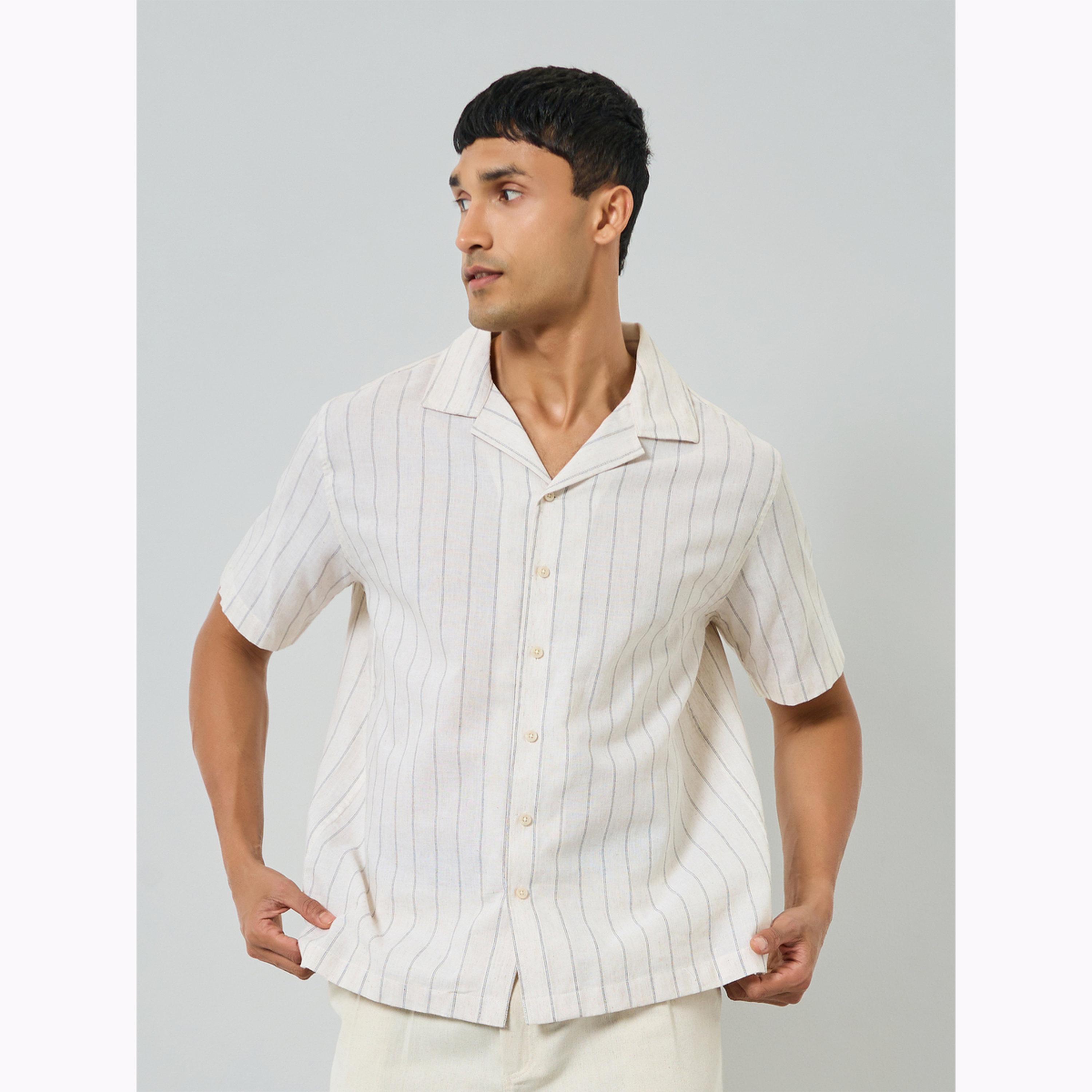 Styli Men Beige Striped Resort Collar Linen Shirt-men-clothing-shirts-image-1