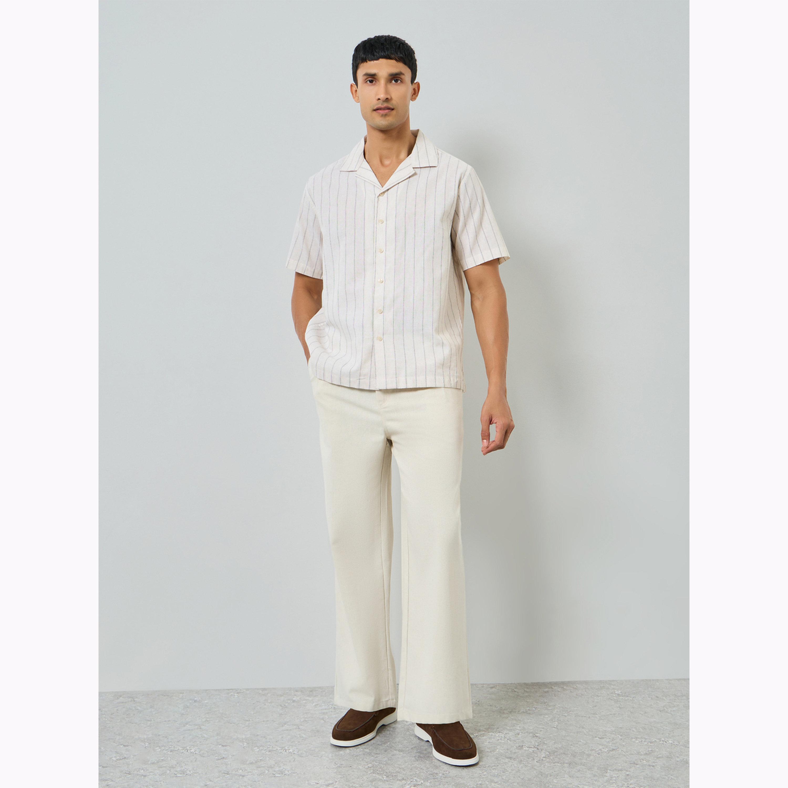 Styli Men Beige Striped Resort Collar Linen Shirt-men-clothing-shirts-image-2