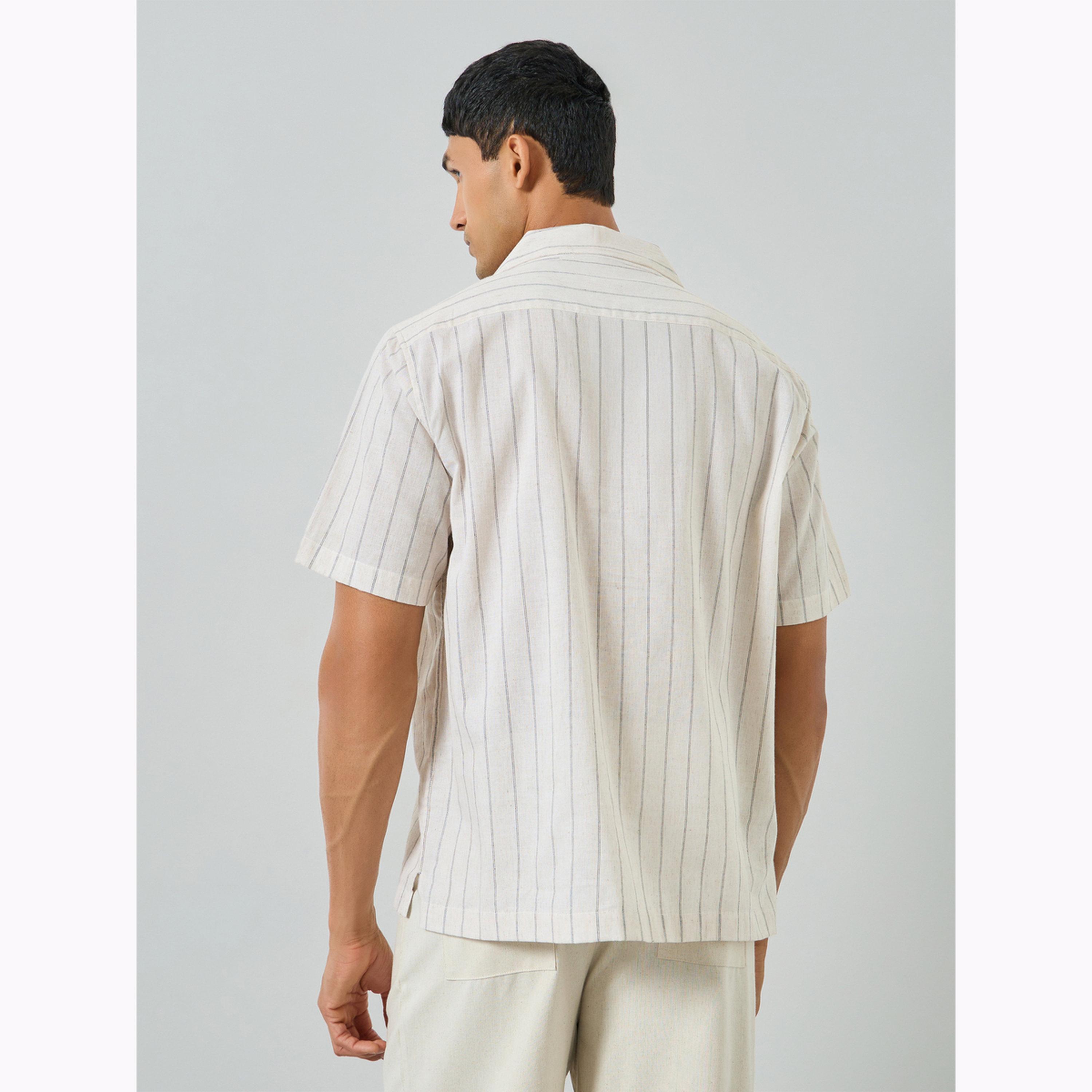 Styli Men Beige Striped Resort Collar Linen Shirt-men-clothing-shirts-image-3