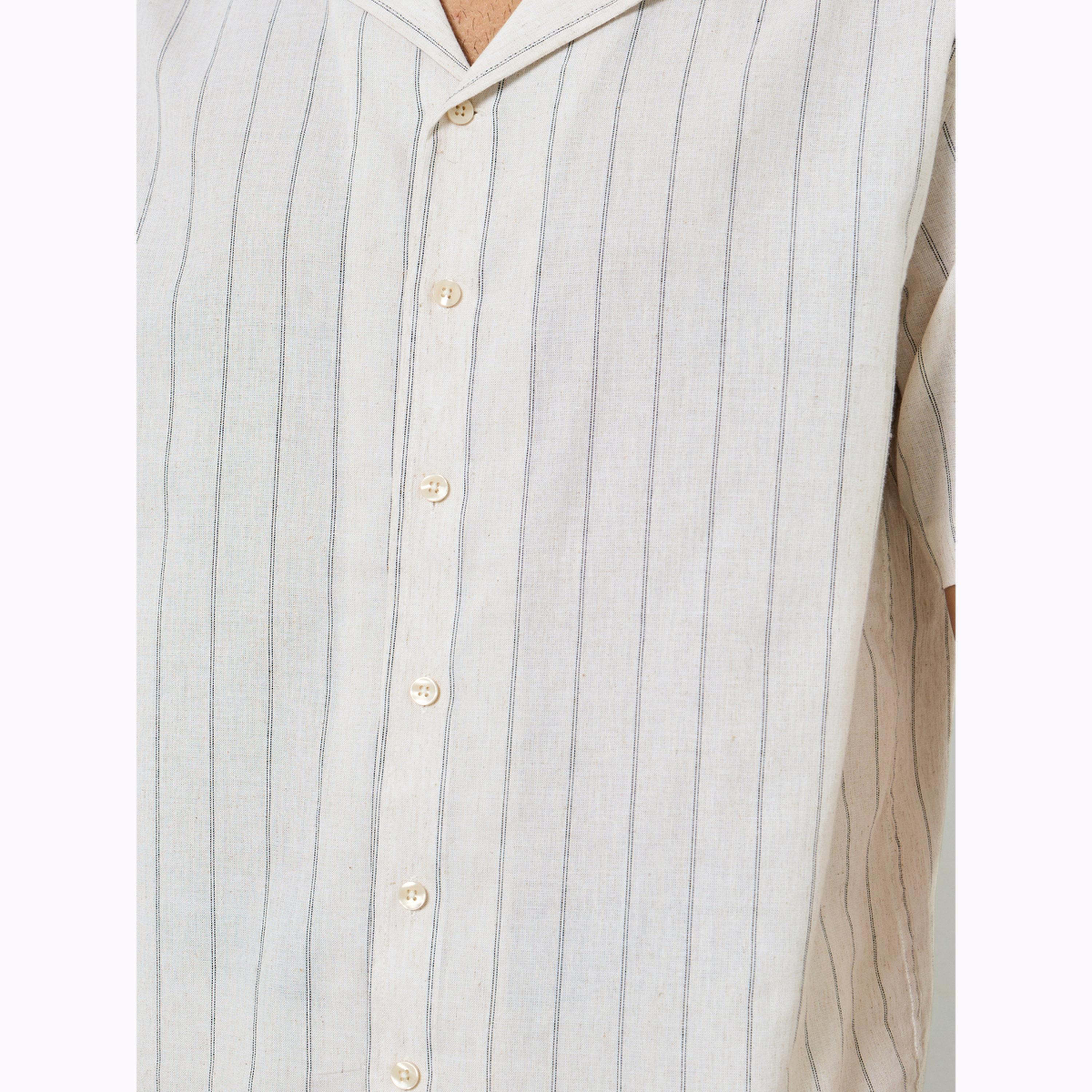 Styli Men Beige Striped Resort Collar Linen Shirt-men-clothing-shirts-image-4