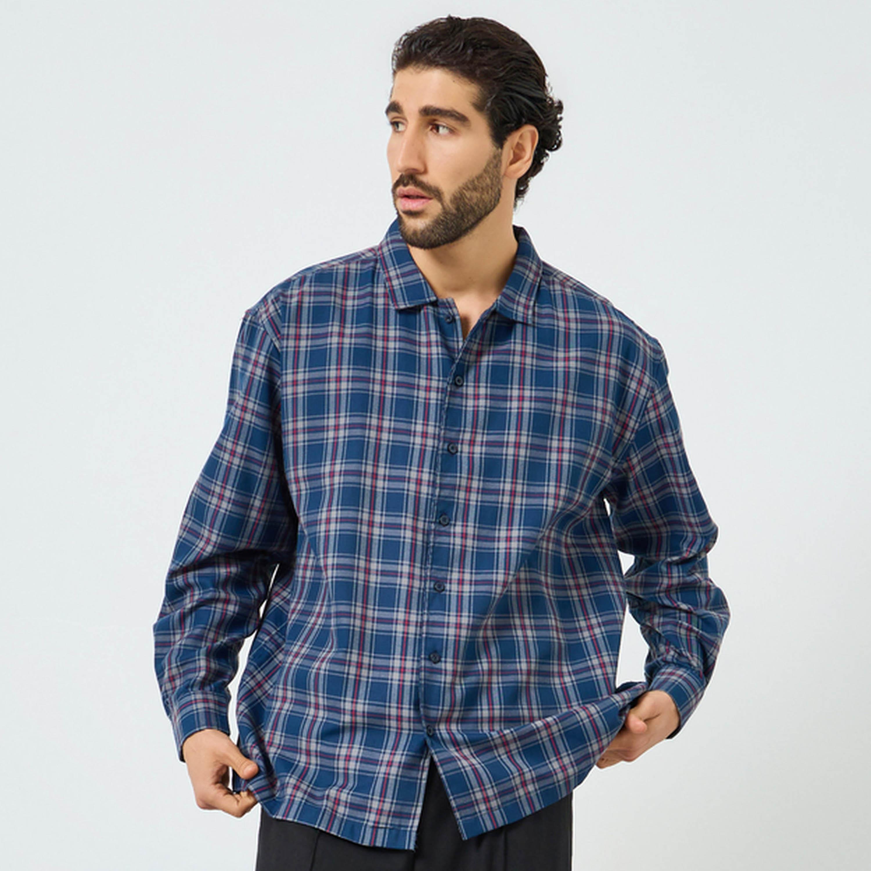 Styli Men Navy Blue Oversized Checked Cotton Shirt-men-clothing-shirts-image-1