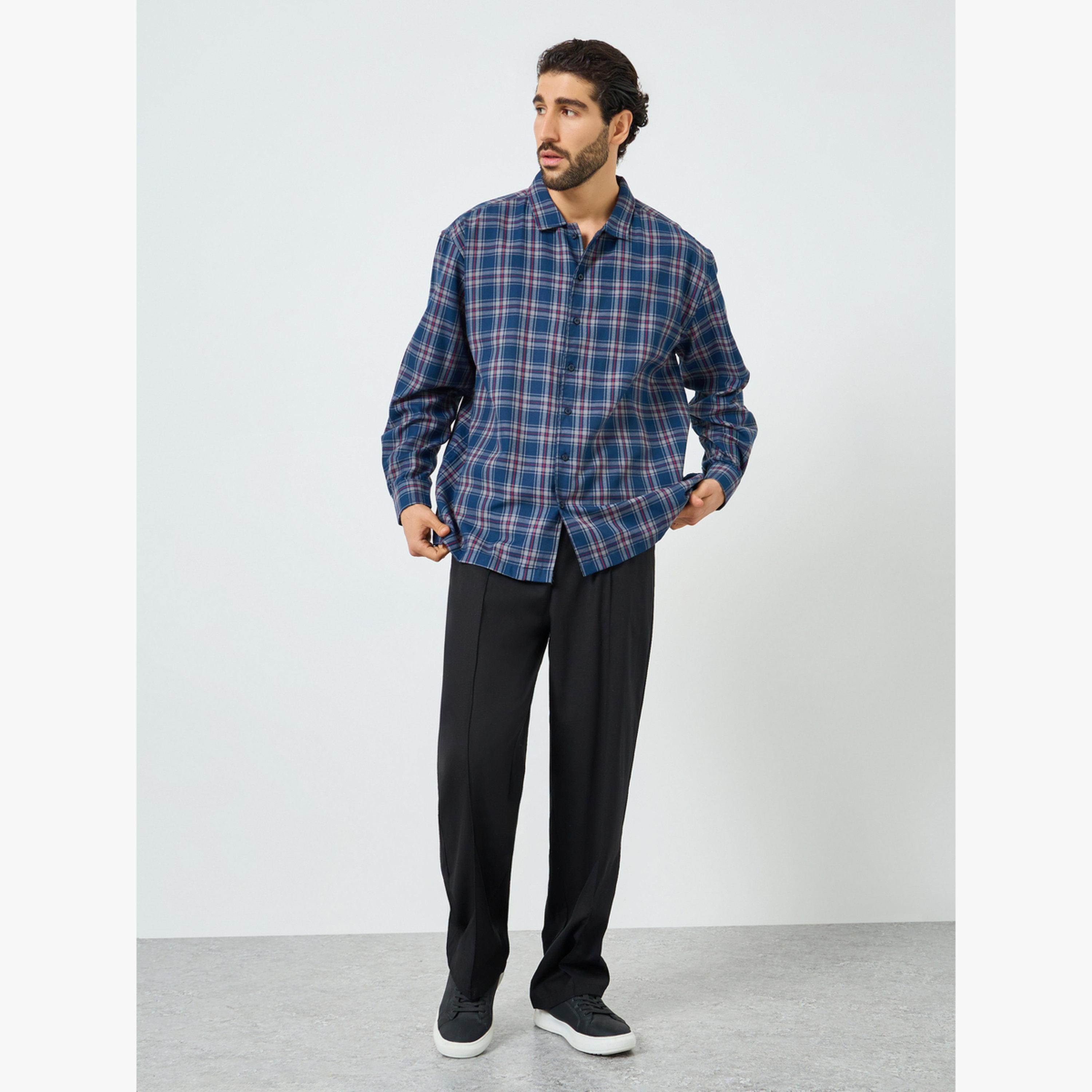 Styli Men Navy Blue Oversized Checked Cotton Shirt-men-clothing-shirts-image-2