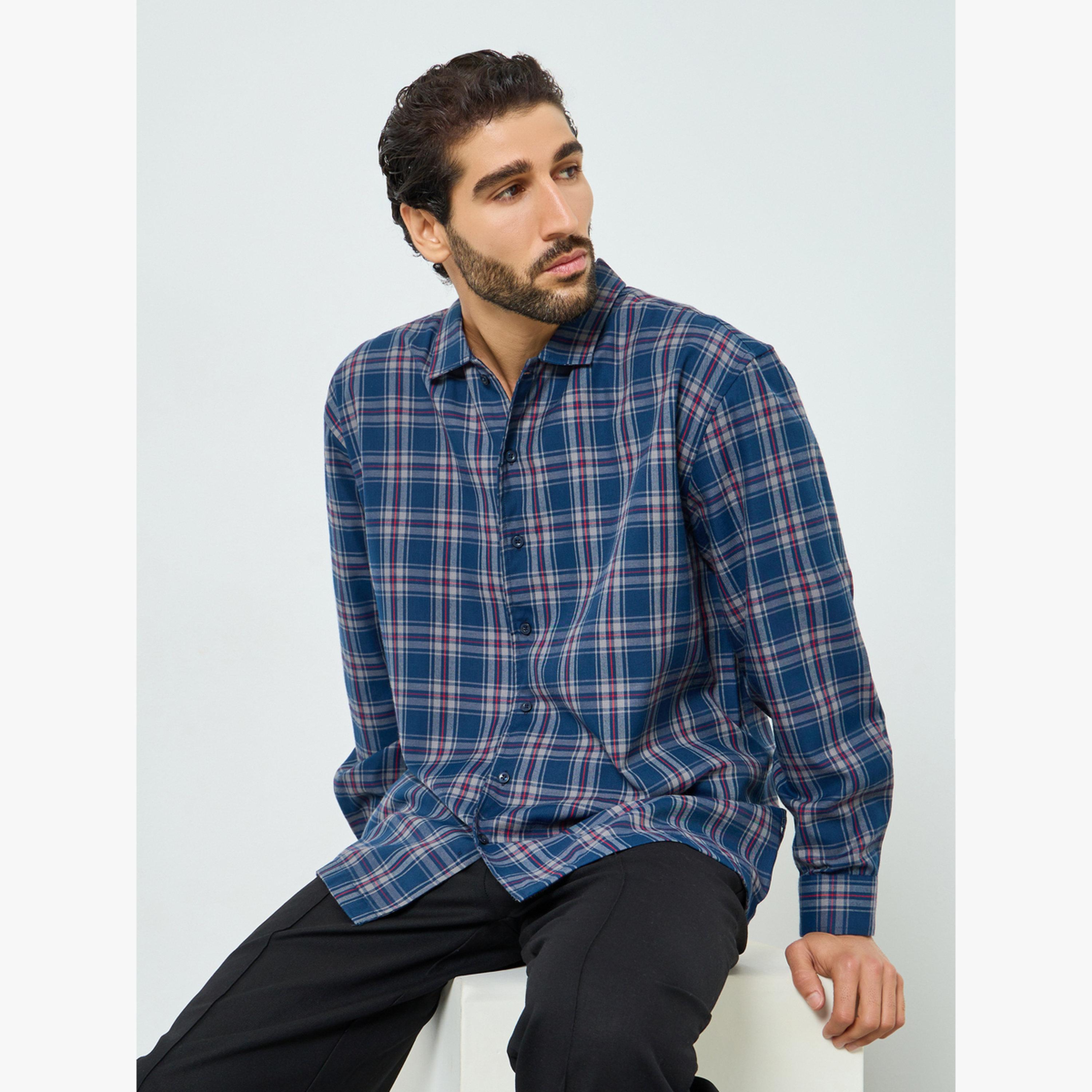 Styli Men Navy Blue Oversized Checked Cotton Shirt-men-clothing-shirts-image-3