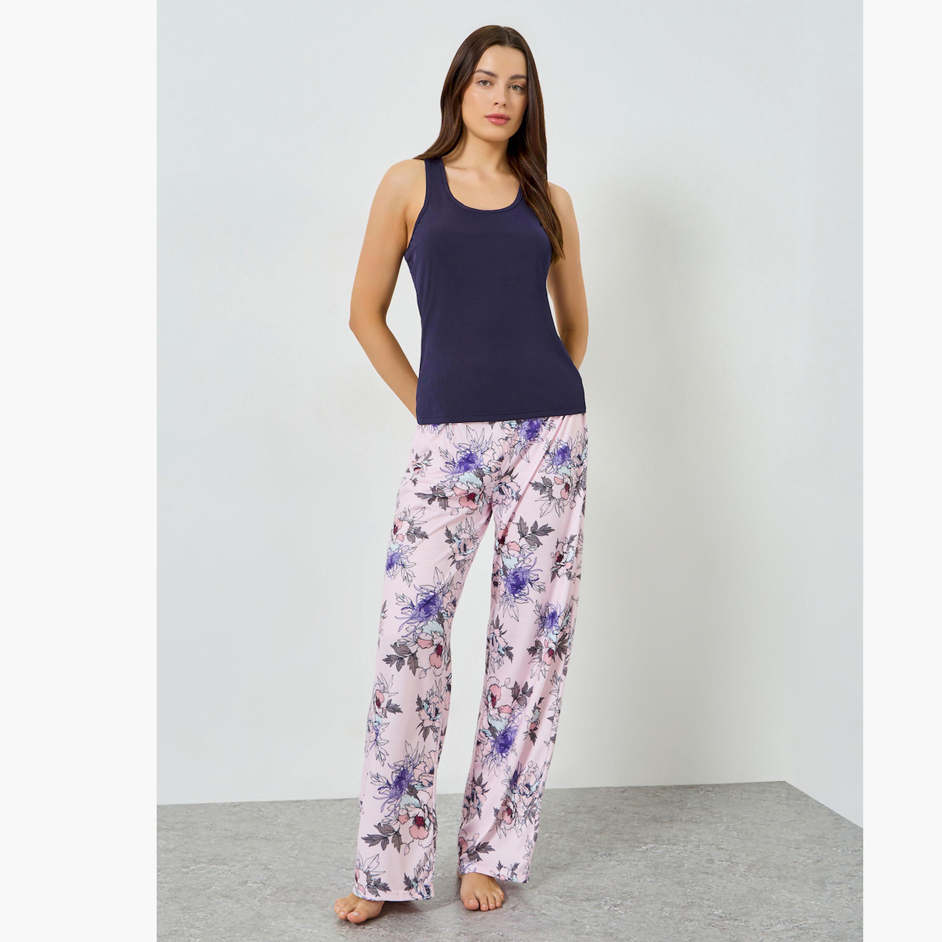 مجموعة من بيجاما بطبعة زهور وبلوزة تانك بياقة مستديرة-women-clothing-nightwear-pyjamas-longsets-image-1