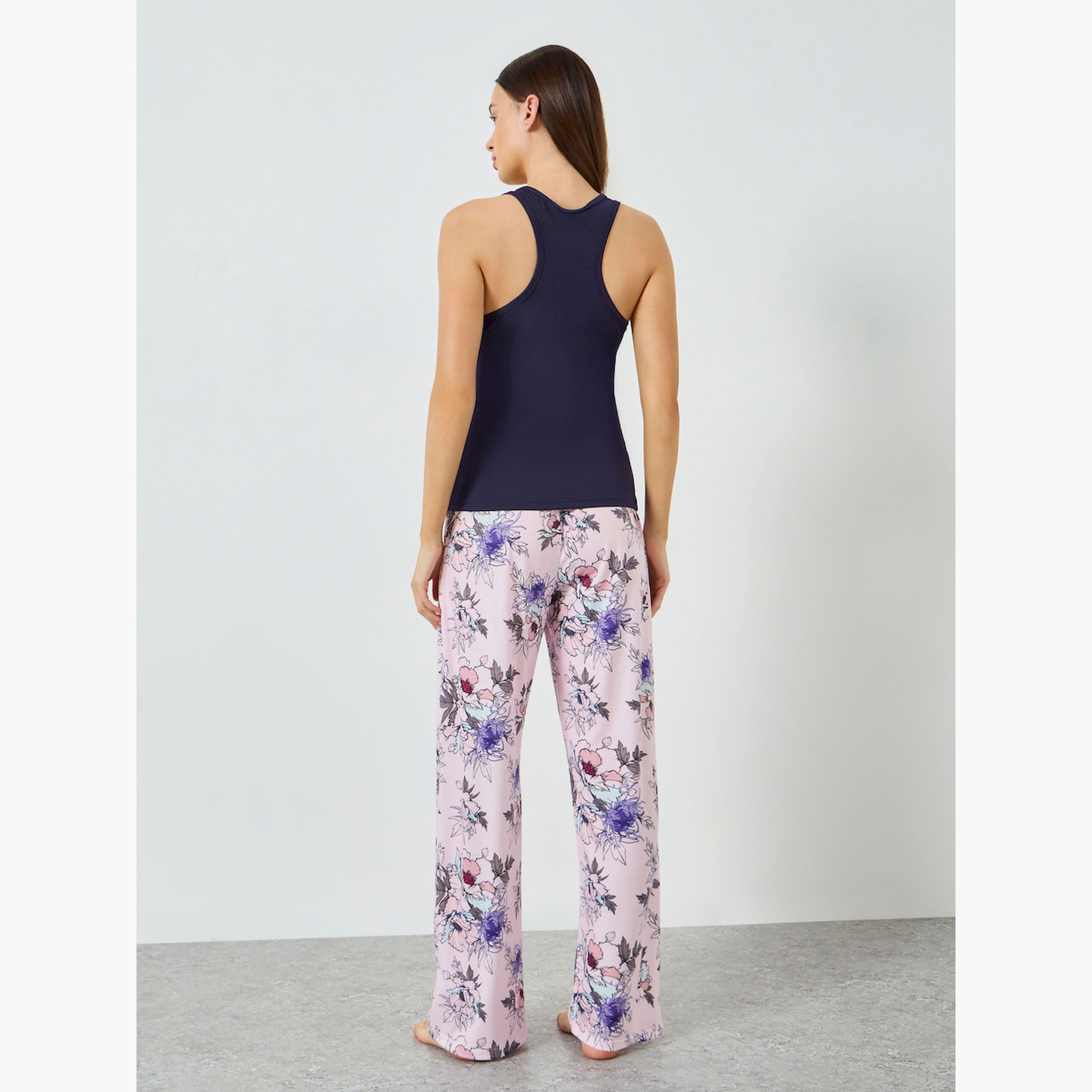 مجموعة من بيجاما بطبعة زهور وبلوزة تانك بياقة مستديرة-women-clothing-nightwear-pyjamas-longsets-image-3