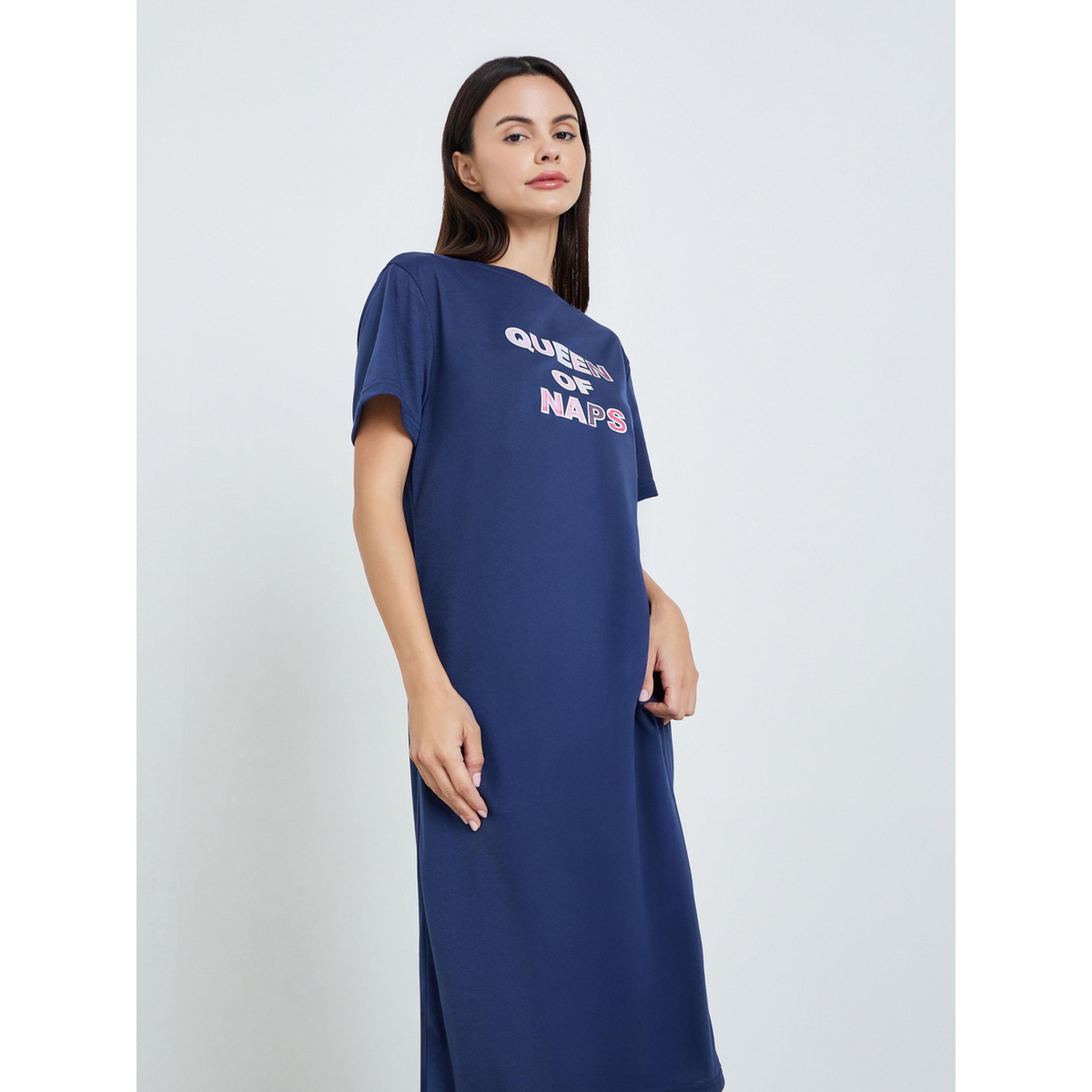 Styli Women Navy Blue Graphic Print Midi Dress-women-clothing-nightwear-nighties-image-2