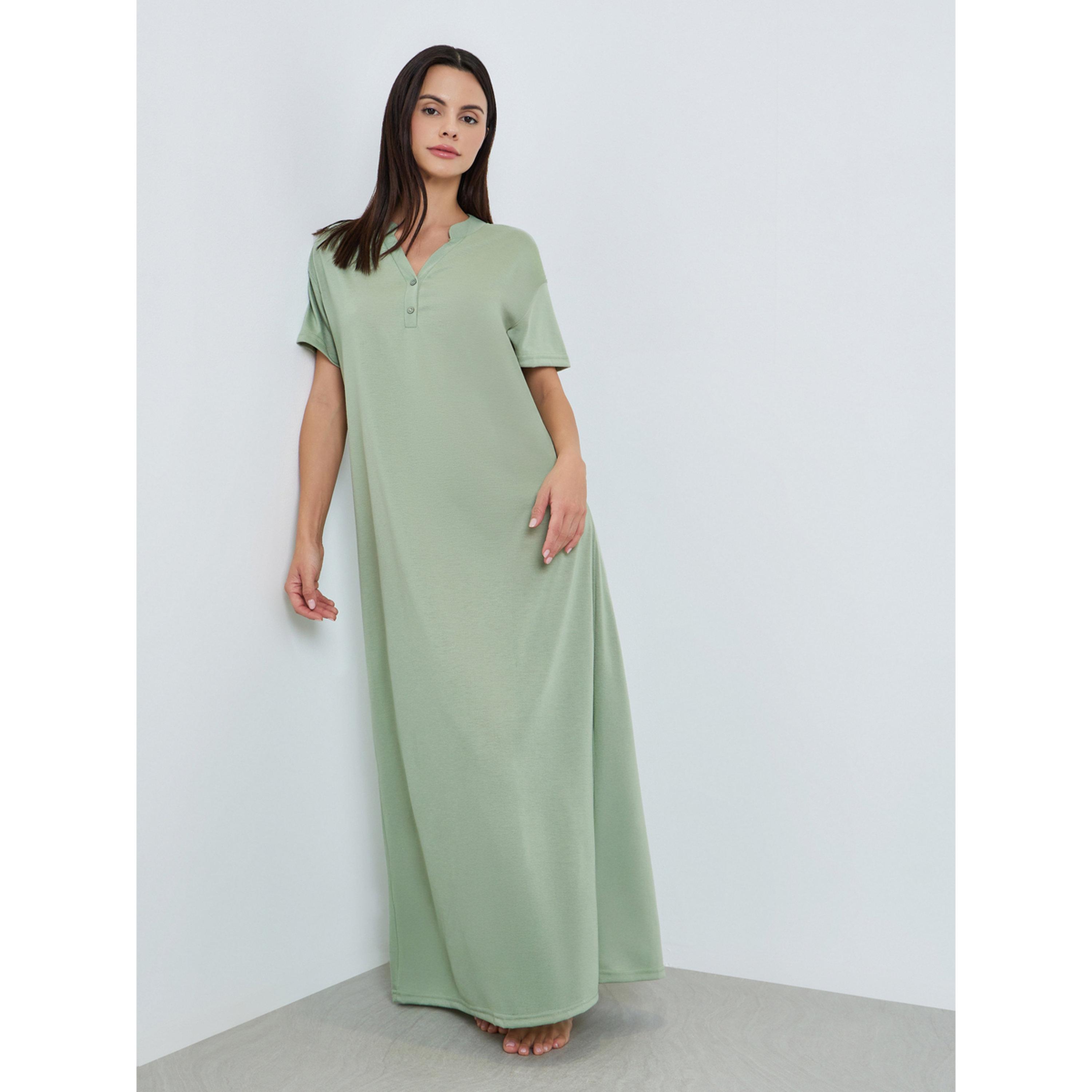 Styli Women Green Notch Neck Buttoned Sleep T-Shirt-women-clothing-nightwear-nighties-image-1