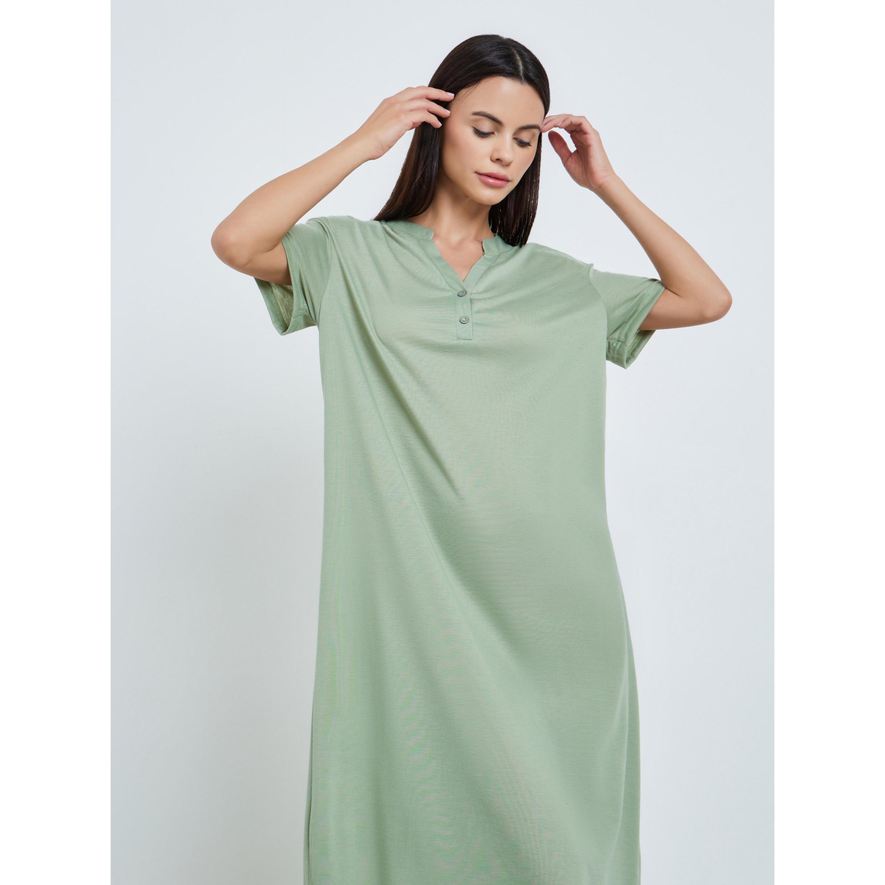 Styli Women Green Notch Neck Buttoned Sleep T-Shirt-women-clothing-nightwear-nighties-image-2