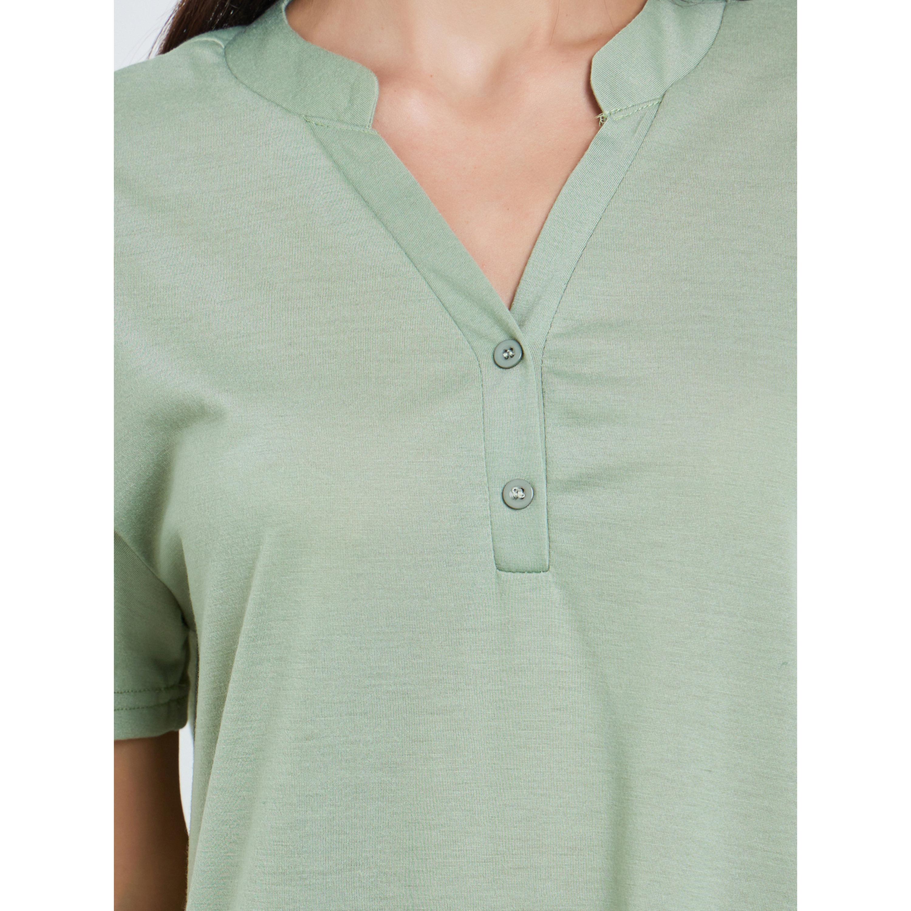 Styli Women Green Notch Neck Buttoned Sleep T-Shirt-women-clothing-nightwear-nighties-image-3