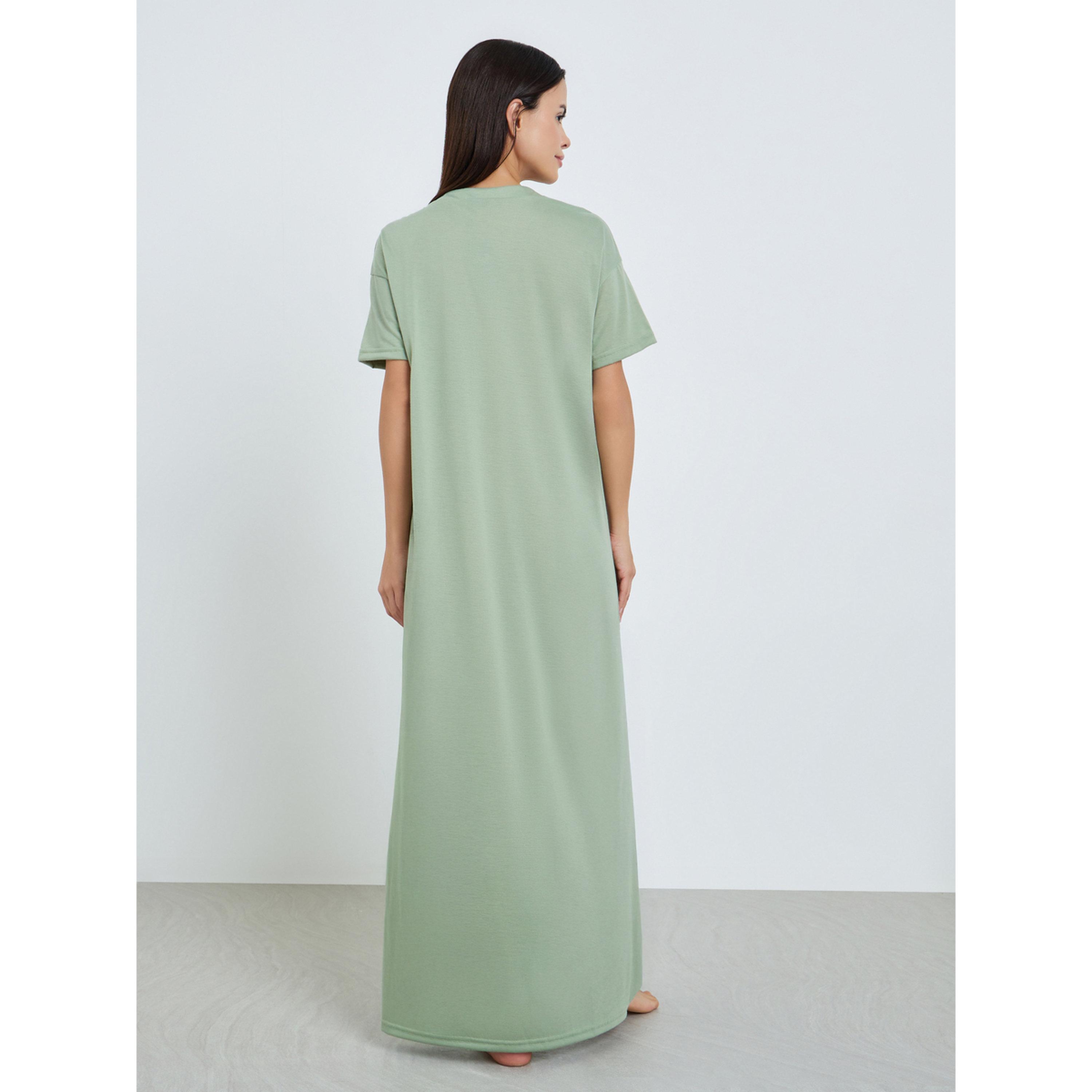 Styli Women Green Notch Neck Buttoned Sleep T-Shirt-women-clothing-nightwear-nighties-image-4