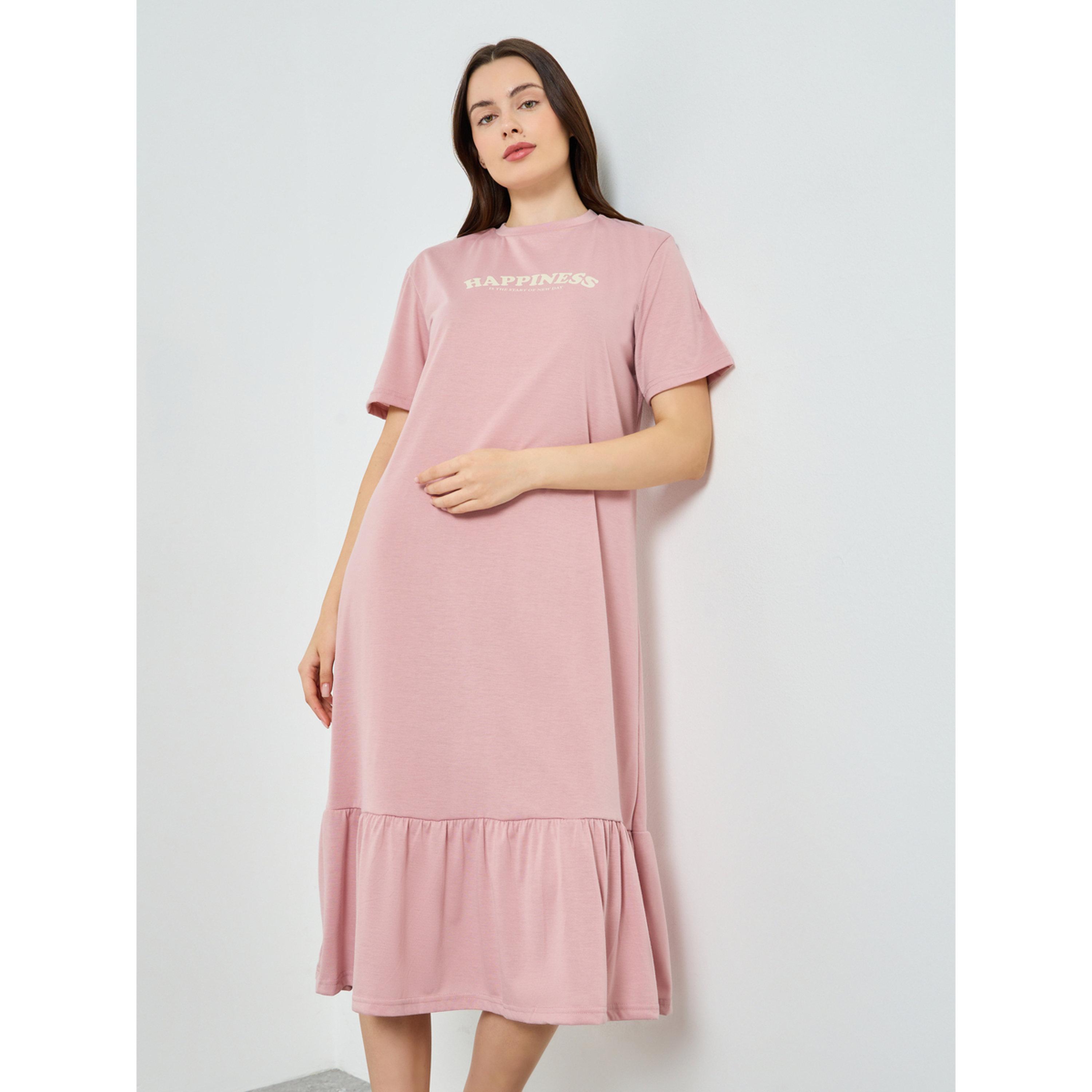 Styli Women Happiness Slogan Wide Ruffle T-Shirt Dress-women-clothing-nightwear-nighties-image-1