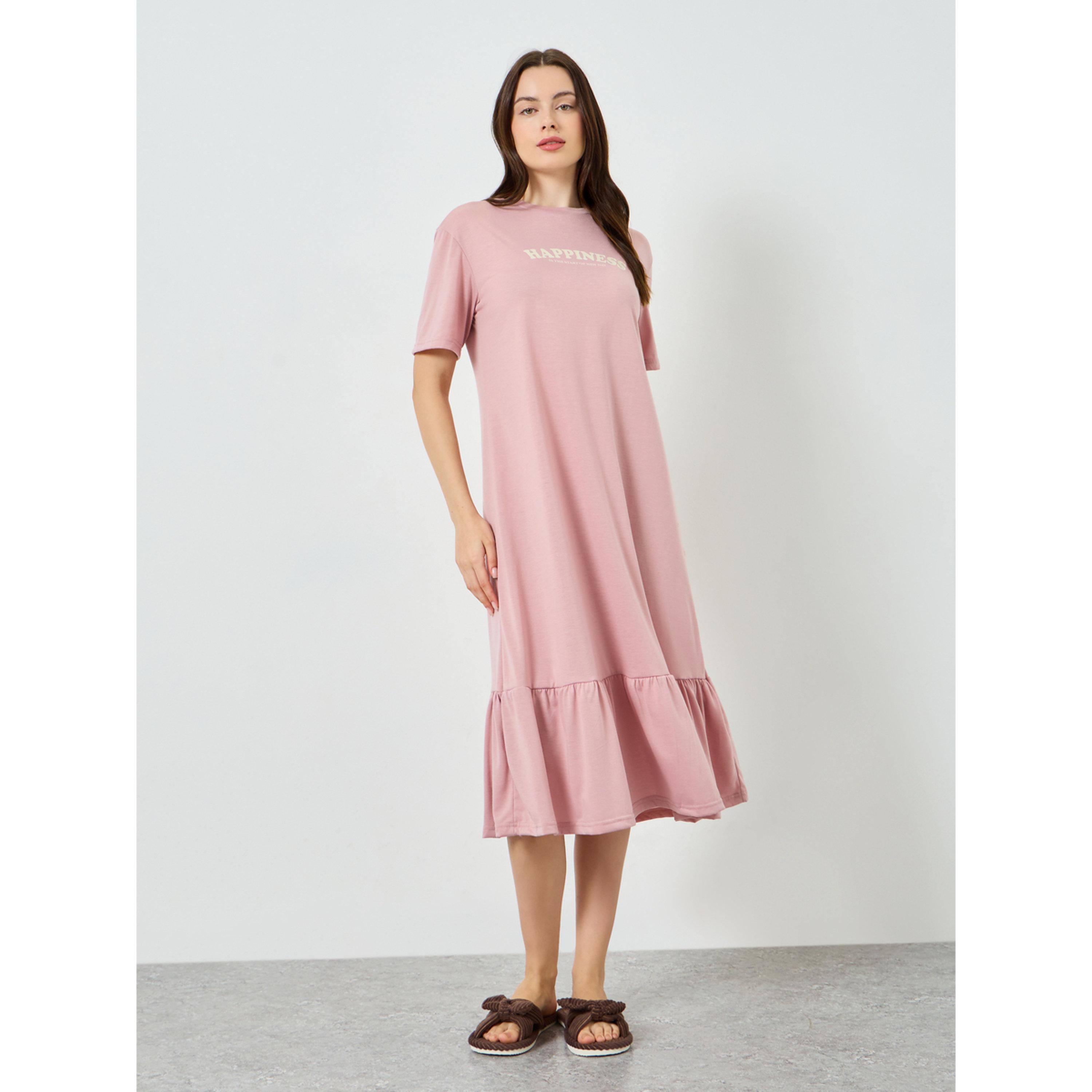 Styli Women Happiness Slogan Wide Ruffle T-Shirt Dress-women-clothing-nightwear-nighties-image-2