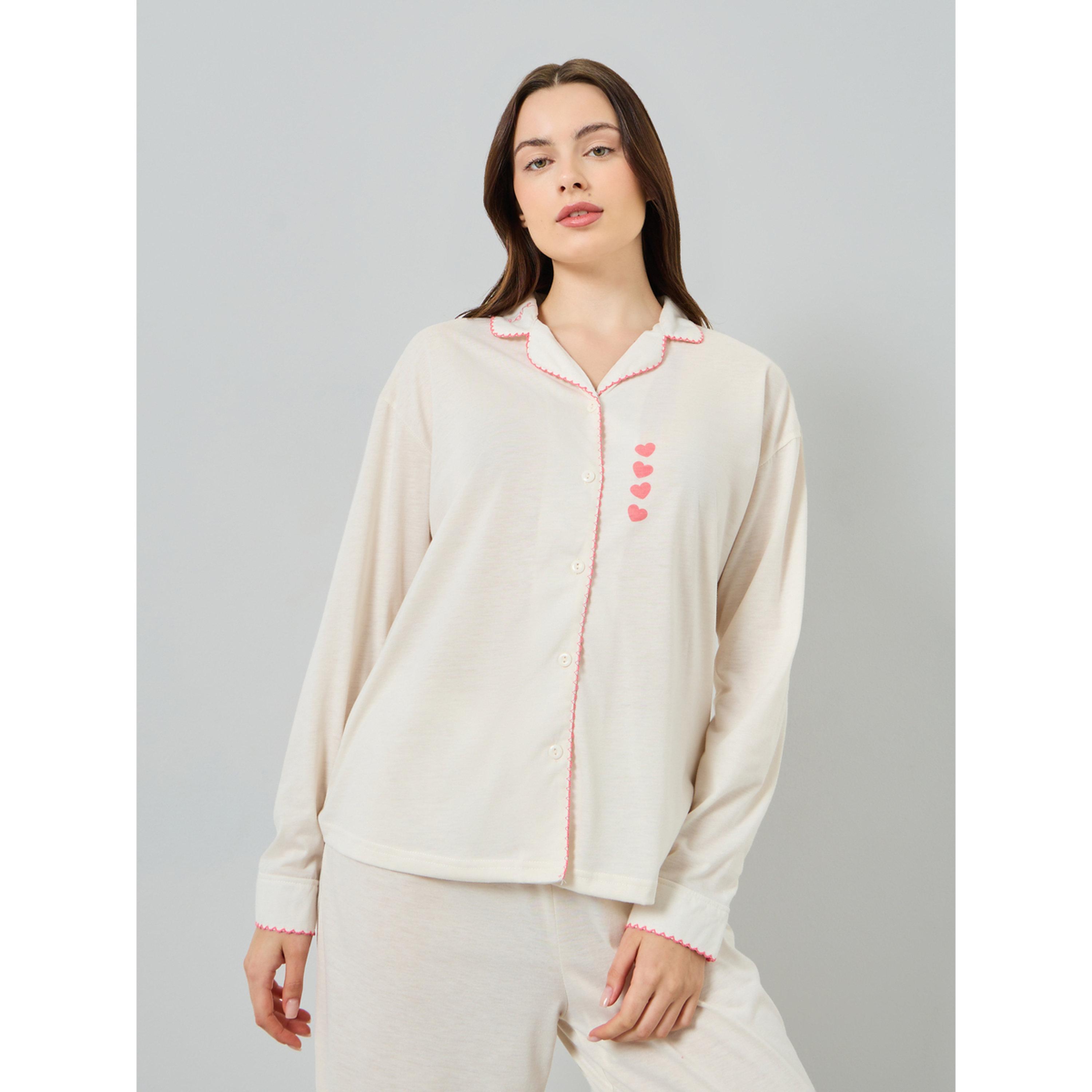 Styli Women Heart Print Scallop Edge Detail Shirt and Pyjama-women-clothing-nightwear-pyjamas-longsets-image-2
