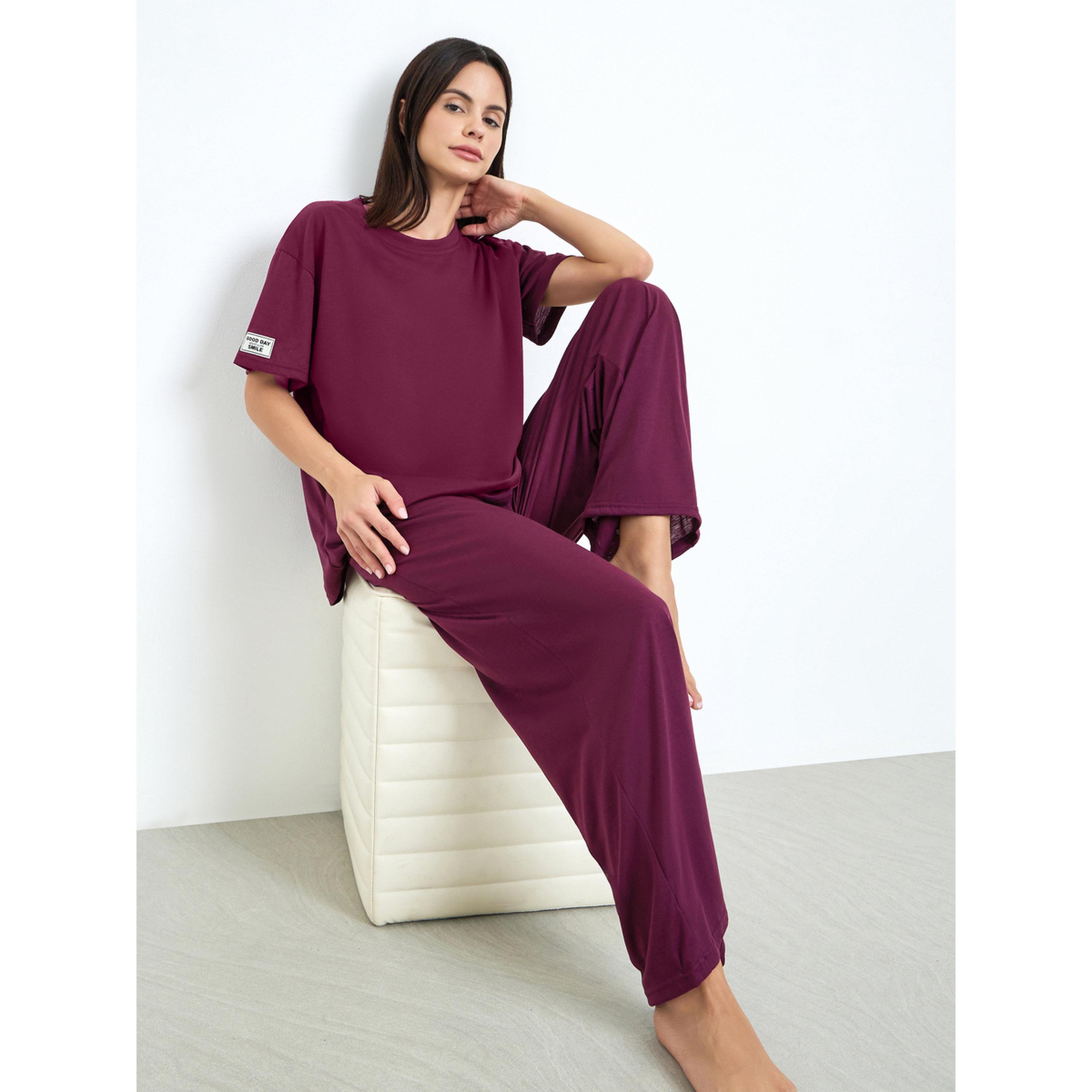 طقم بيجاما من بنطال وتيشيرت محبوك للنساء-women-clothing-nightwear-pyjamas-longsets-image-2