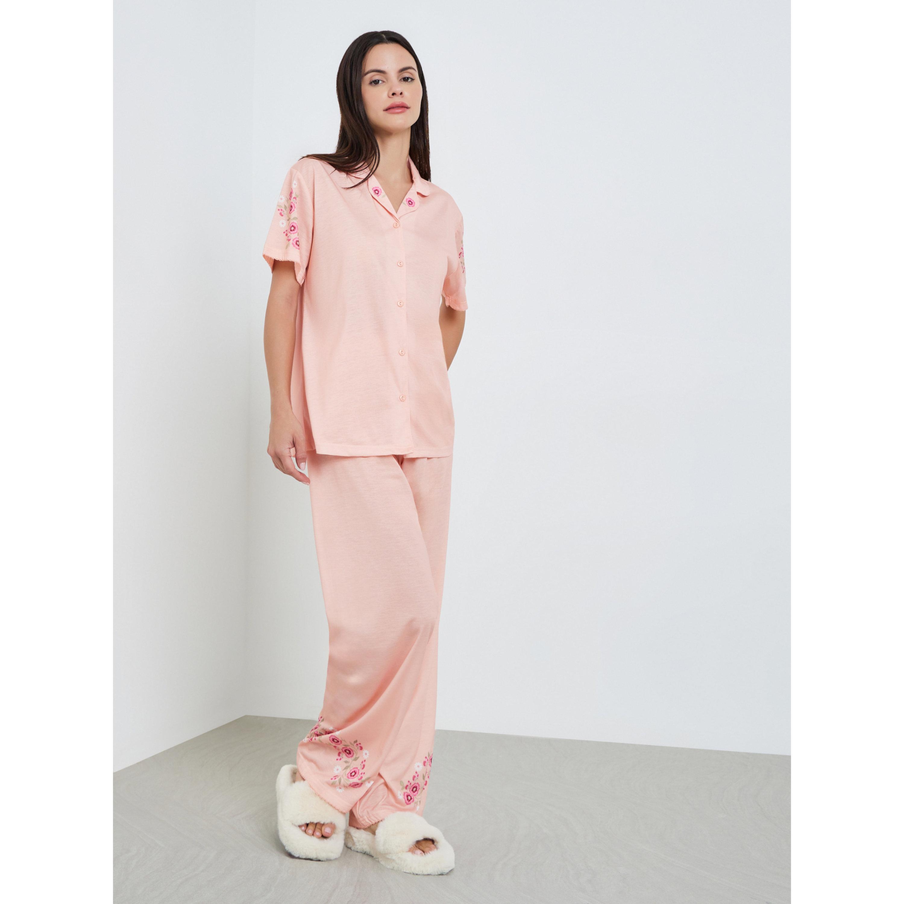 Styli Women Pink Floral Buttoned Shirt and Pyjama Set-women-clothing-nightwear-pyjamas-longsets-image-1