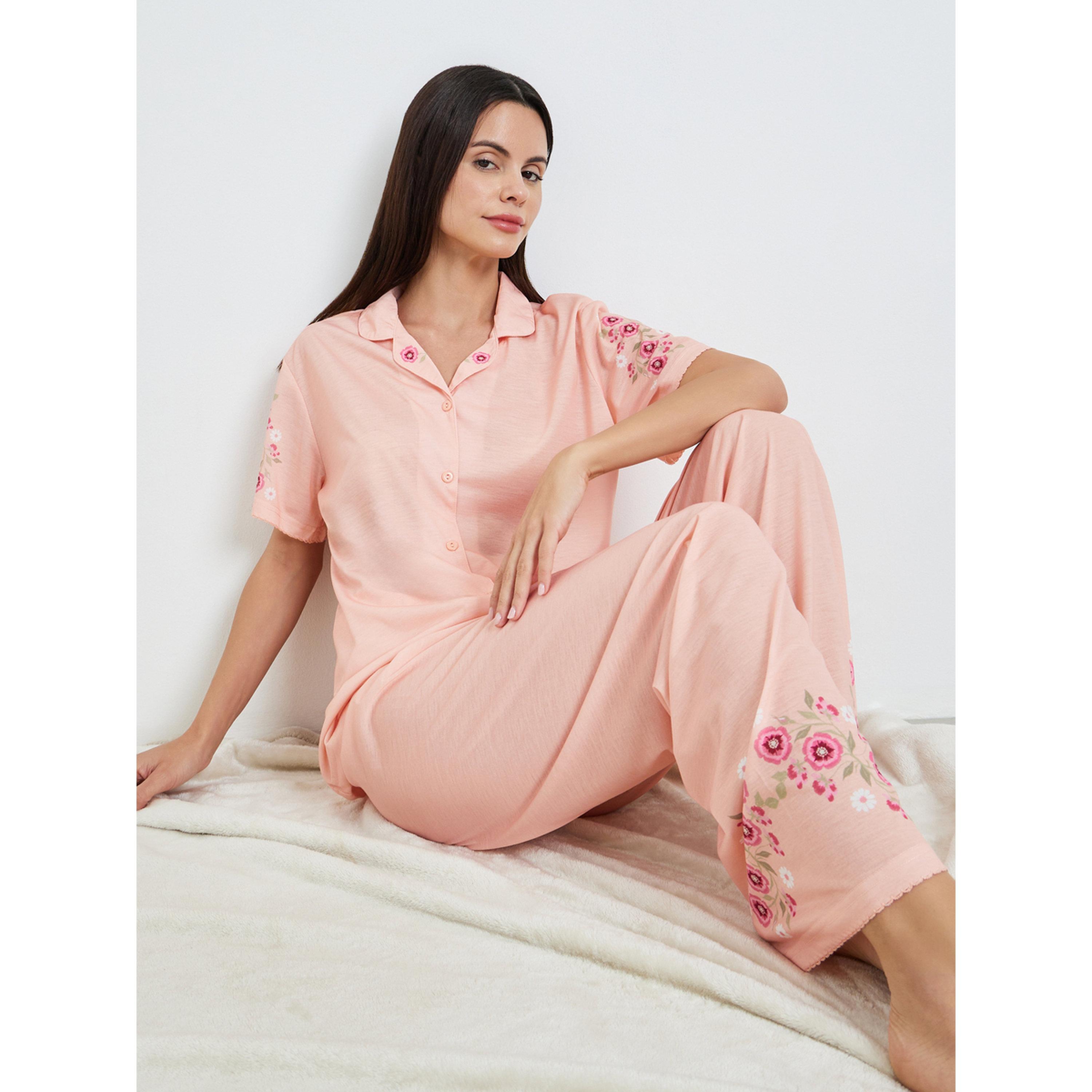 Styli Women Pink Floral Buttoned Shirt and Pyjama Set-women-clothing-nightwear-pyjamas-longsets-image-2
