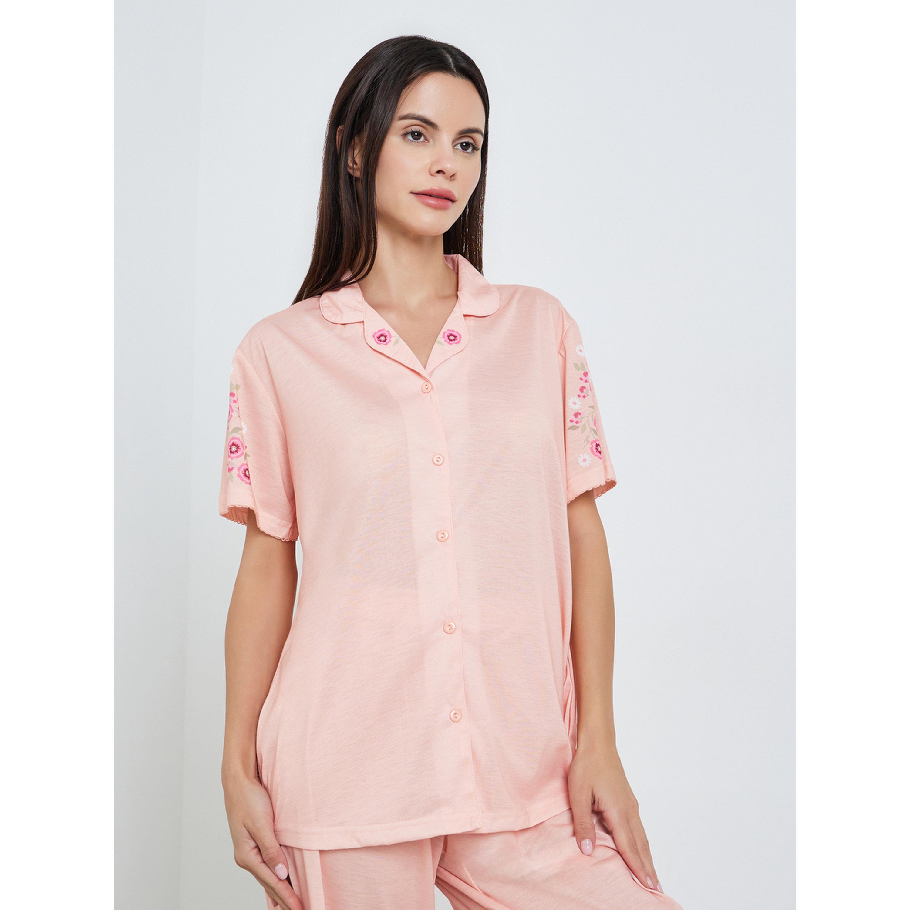 Styli Women Pink Floral Buttoned Shirt and Pyjama Set-women-clothing-nightwear-pyjamas-longsets-image-3