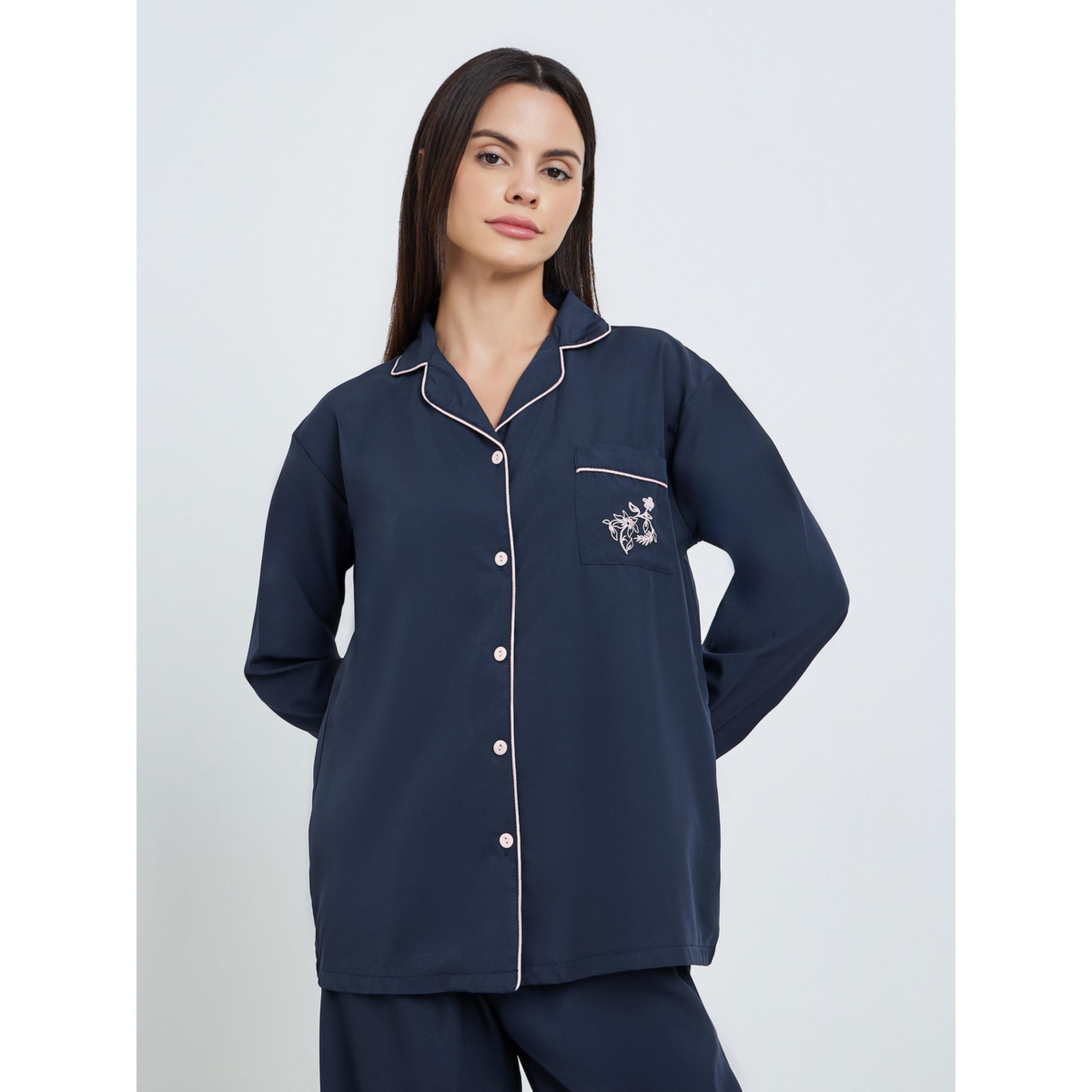 Styli Women Navy Blue Long Sleeve Shirt and Pyjama Set-women-clothing-nightwear-pyjamas-longsets-image-2