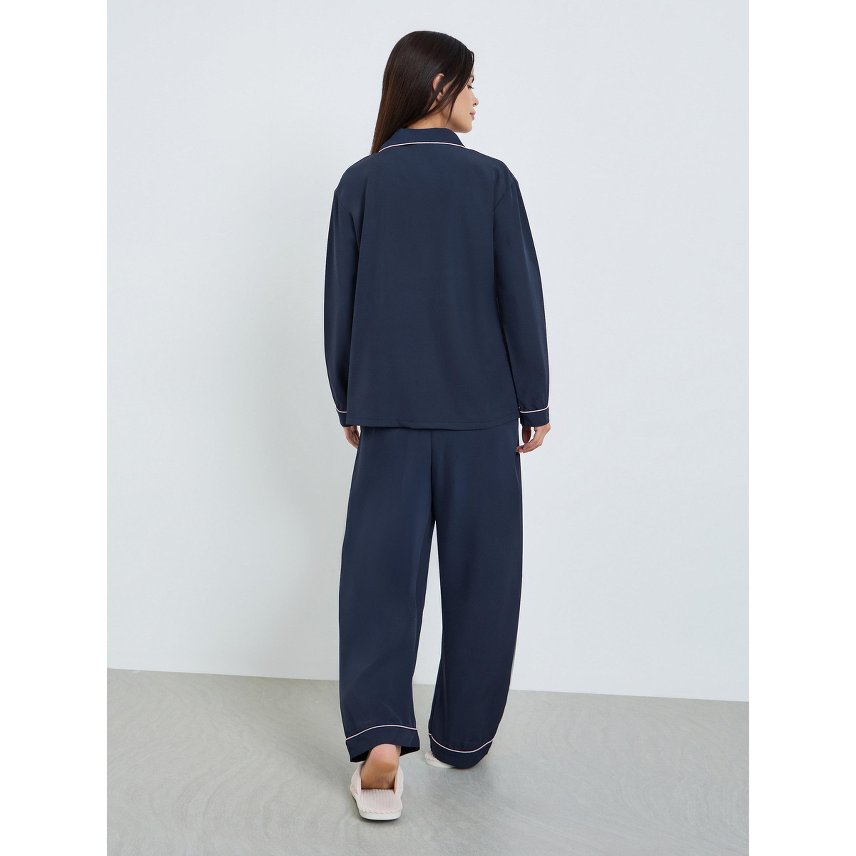 Styli Women Navy Blue Long Sleeve Shirt and Pyjama Set-women-clothing-nightwear-pyjamas-longsets-image-3