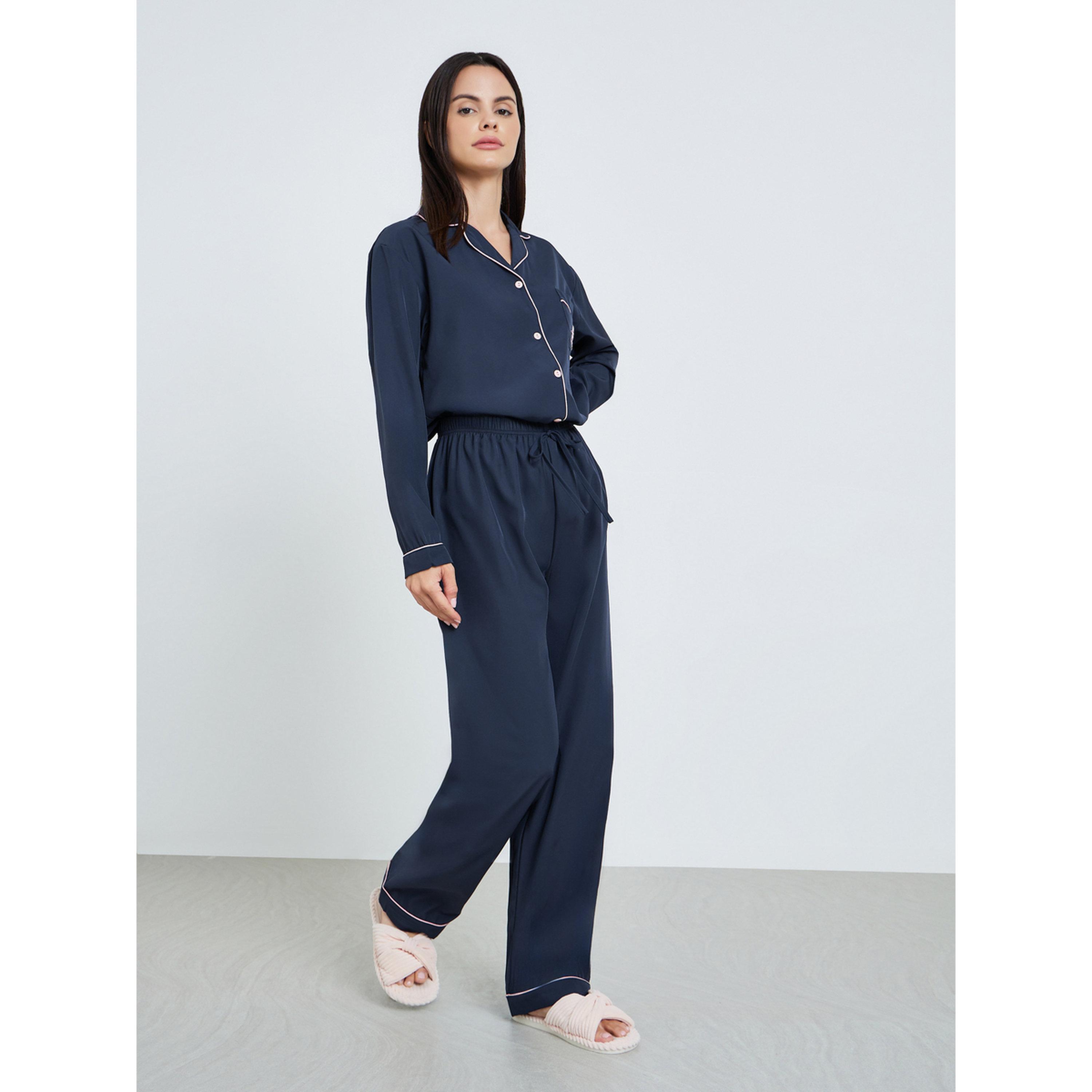 Styli Women Navy Blue Long Sleeve Shirt and Pyjama Set-women-clothing-nightwear-pyjamas-longsets-image-4