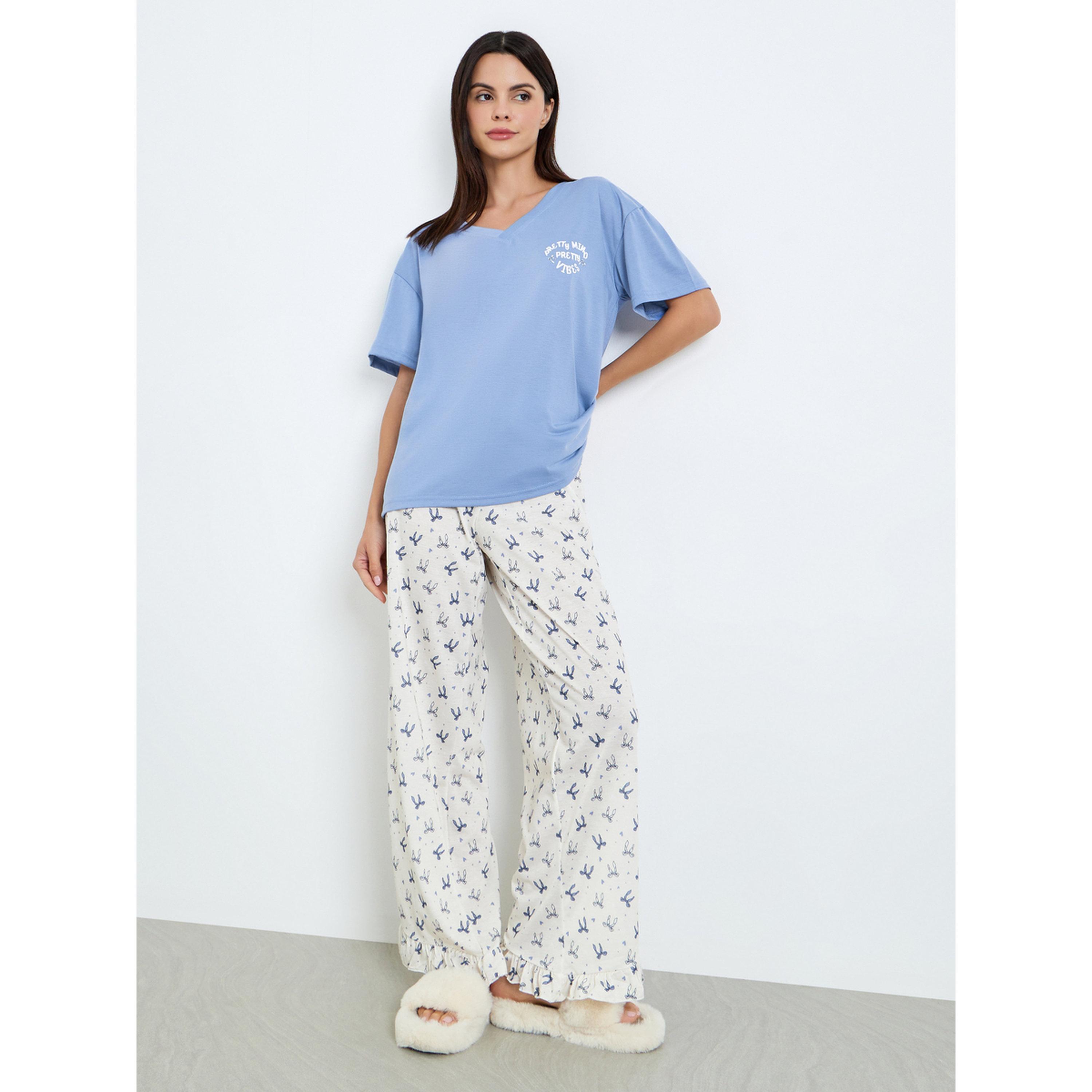 طقم بيجاما من بنطال مطبوع وتيشيرت للنساء-women-clothing-nightwear-pyjamas-longsets-image-1