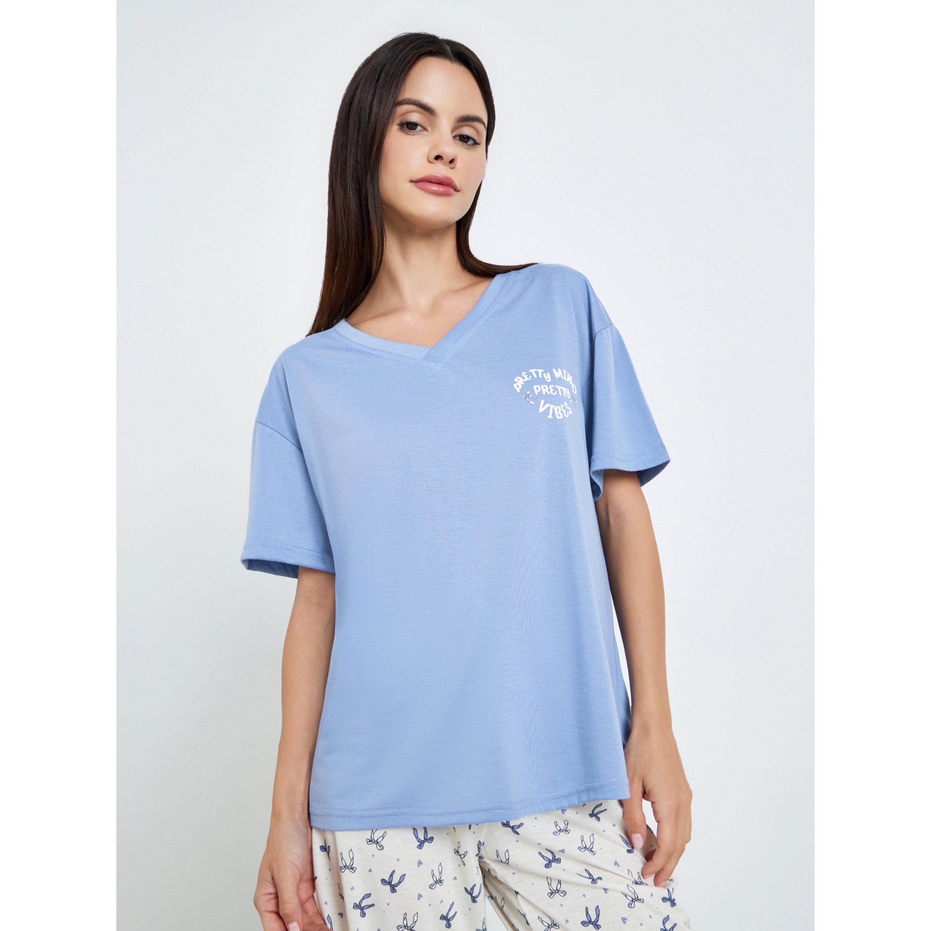 Styli Women Blue V-Neck T-Shirt and Printed Pyjama Set-women-clothing-nightwear-pyjamas-longsets-image-2