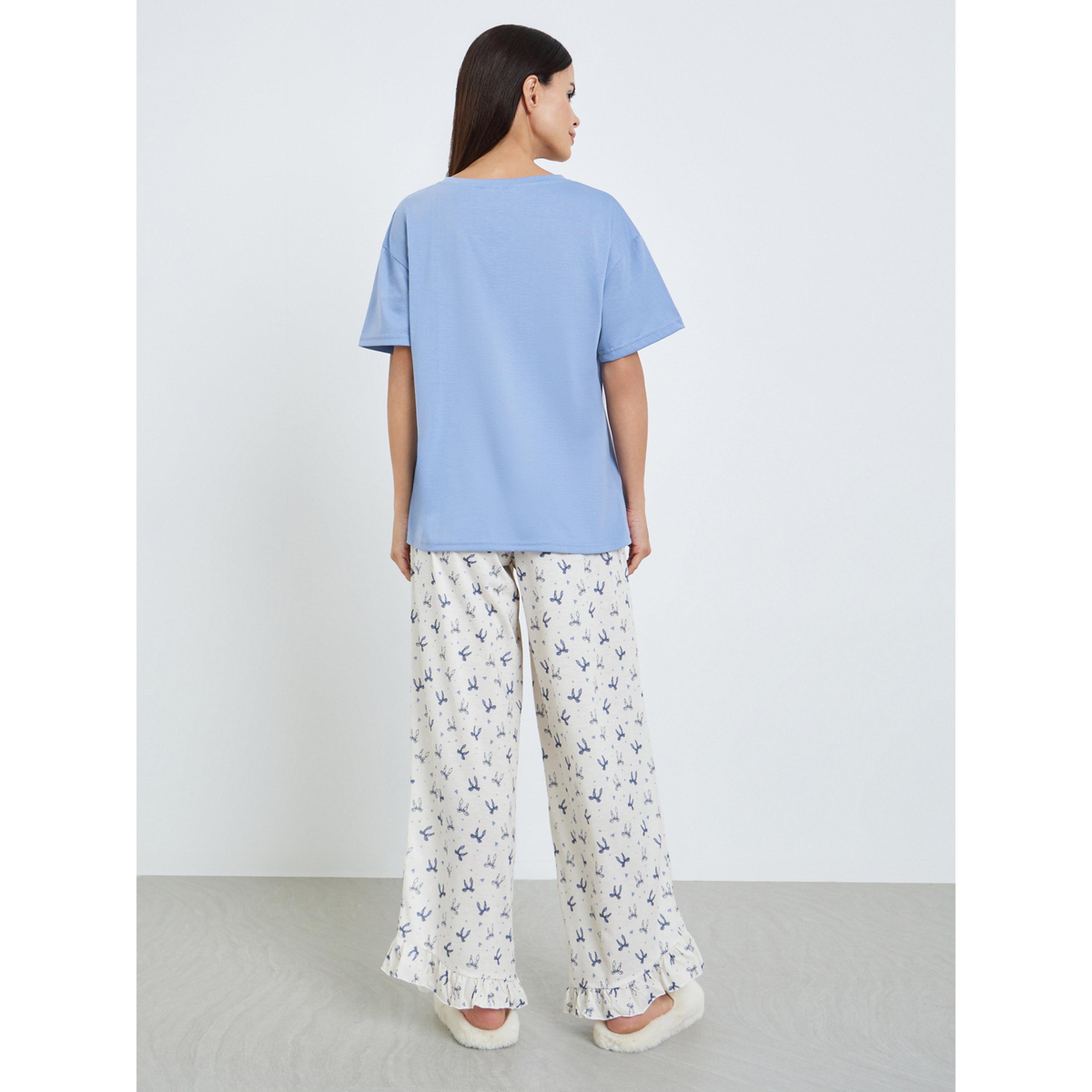 Styli Women Blue V-Neck T-Shirt and Printed Pyjama Set-women-clothing-nightwear-pyjamas-longsets-image-3