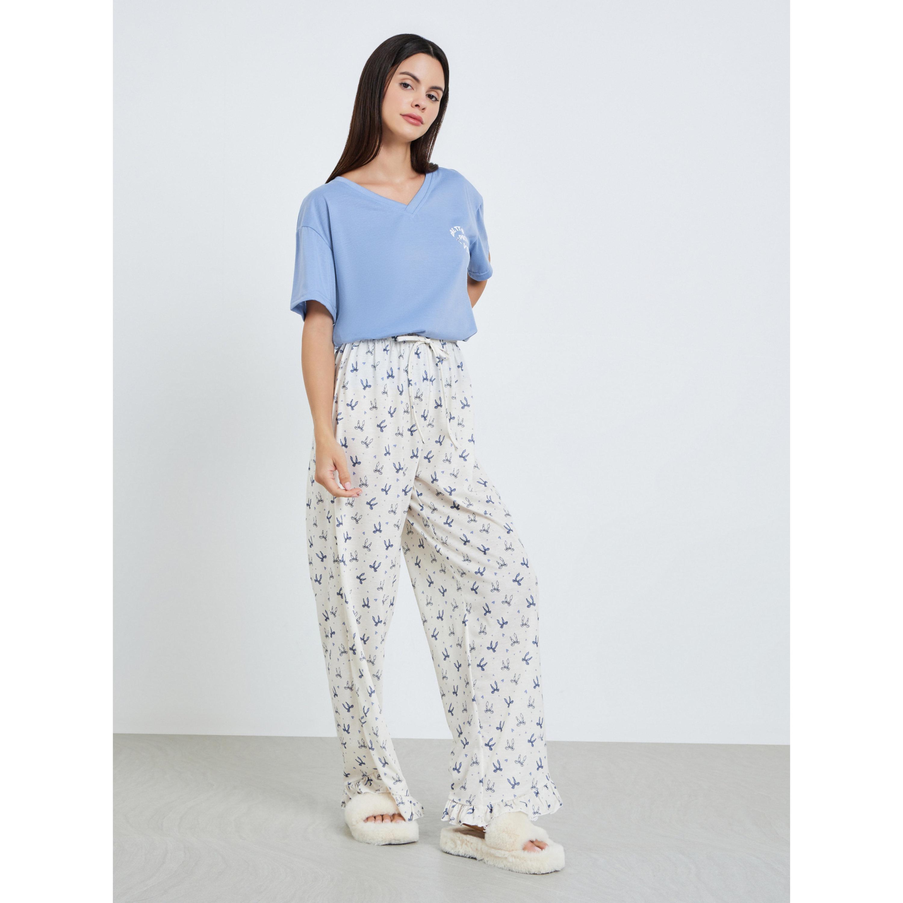 Styli Women Blue V-Neck T-Shirt and Printed Pyjama Set-women-clothing-nightwear-pyjamas-longsets-image-4