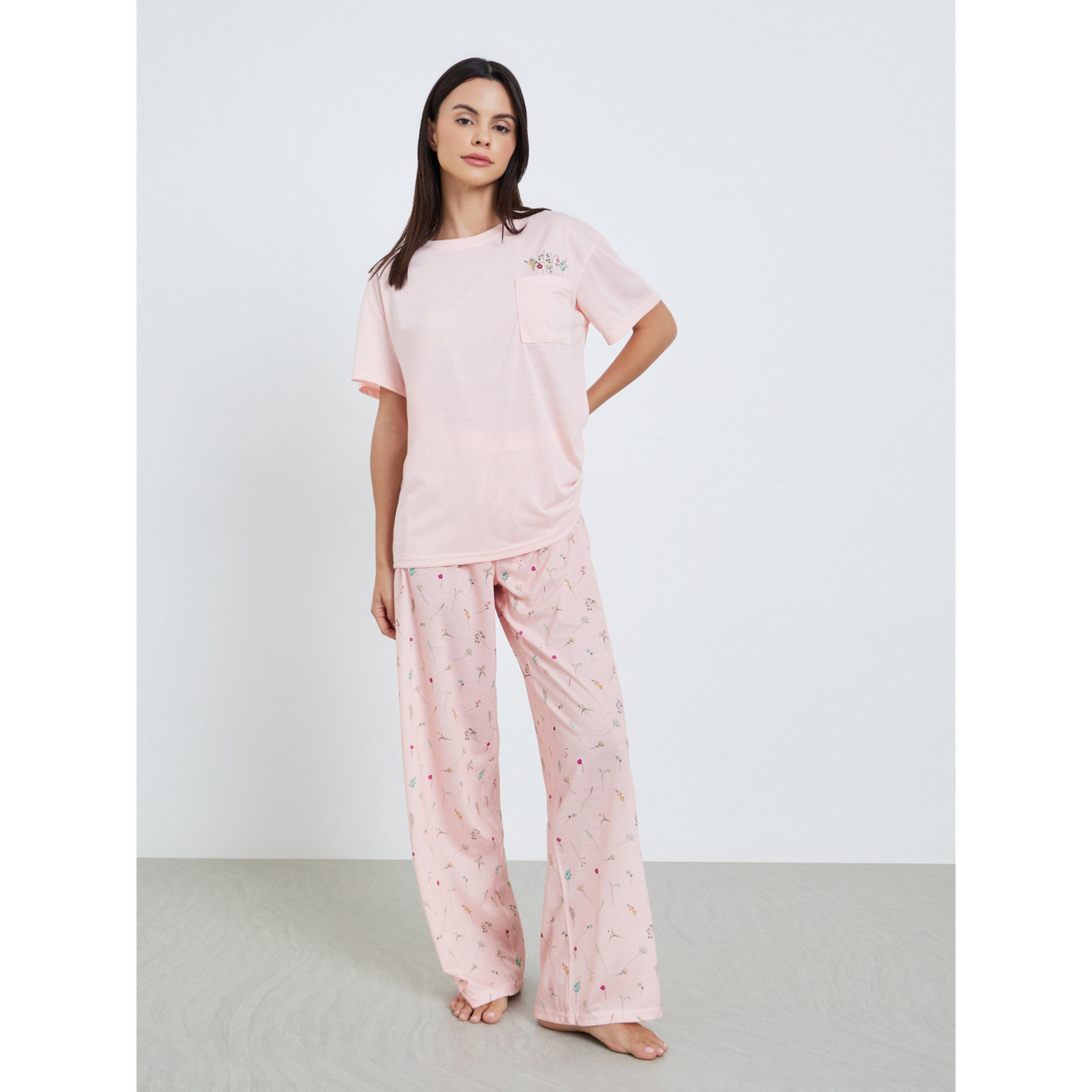Styli Women Pink Graphic Print T-Shirt and Pyjama Set-women-clothing-nightwear-pyjamas-longsets-image-1