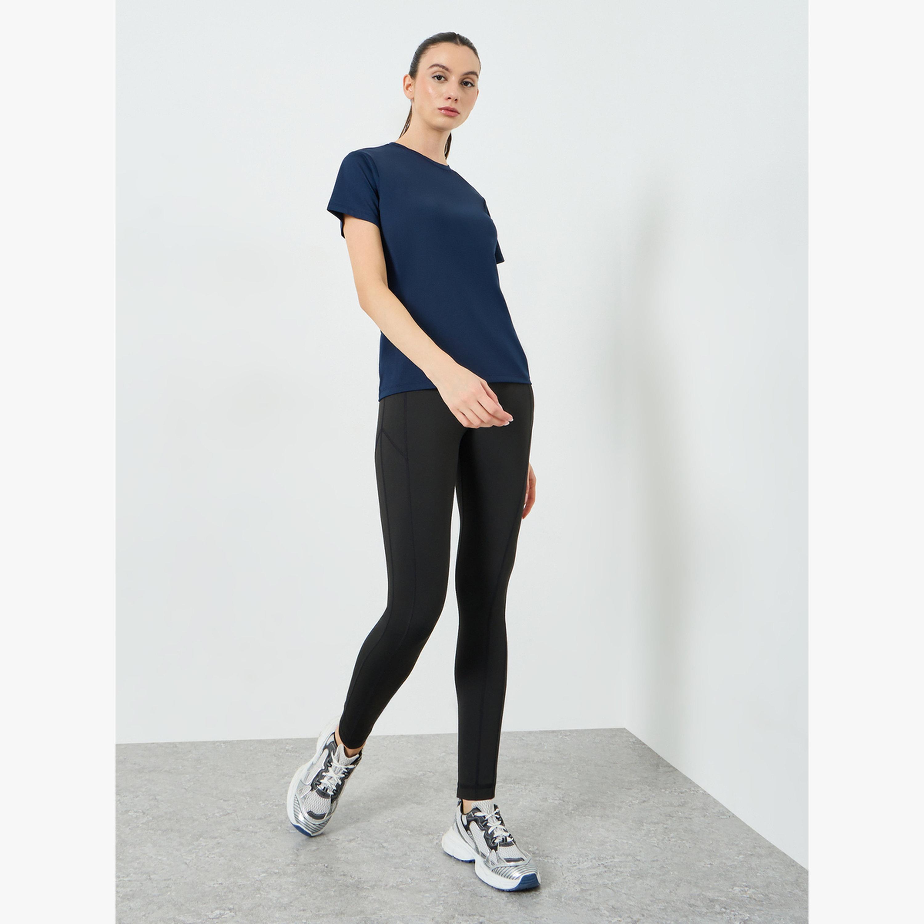 Styli Navy Blue Textured Back Dual Stripe Short Sleeve Top-women-clothing-tshirts-image-2