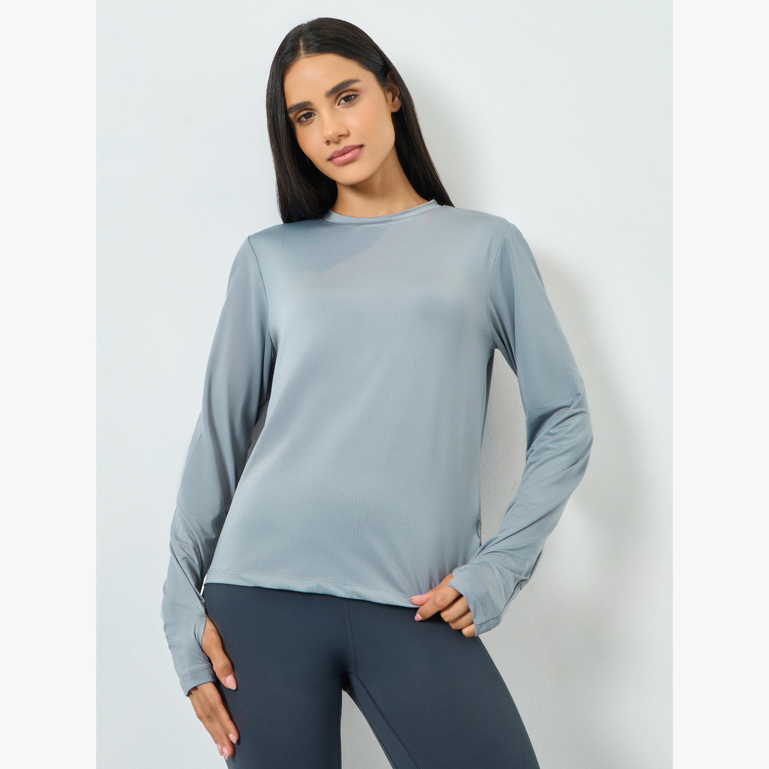 Styli Grey Textured Back Dual Stripe Long Sleeves Top-women-clothing-tshirts-image-1