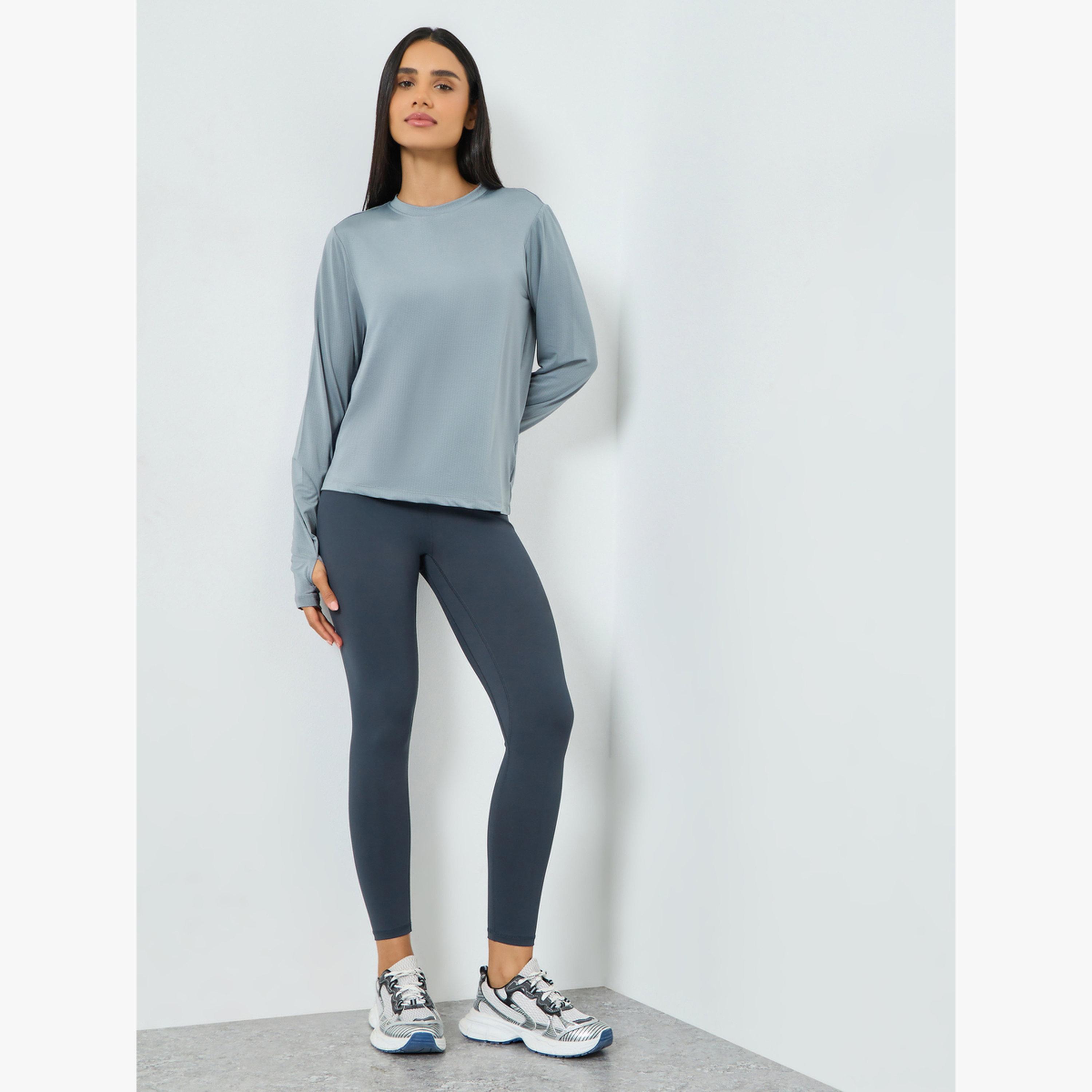 Styli Grey Textured Back Dual Stripe Long Sleeves Top-women-clothing-tshirts-image-2