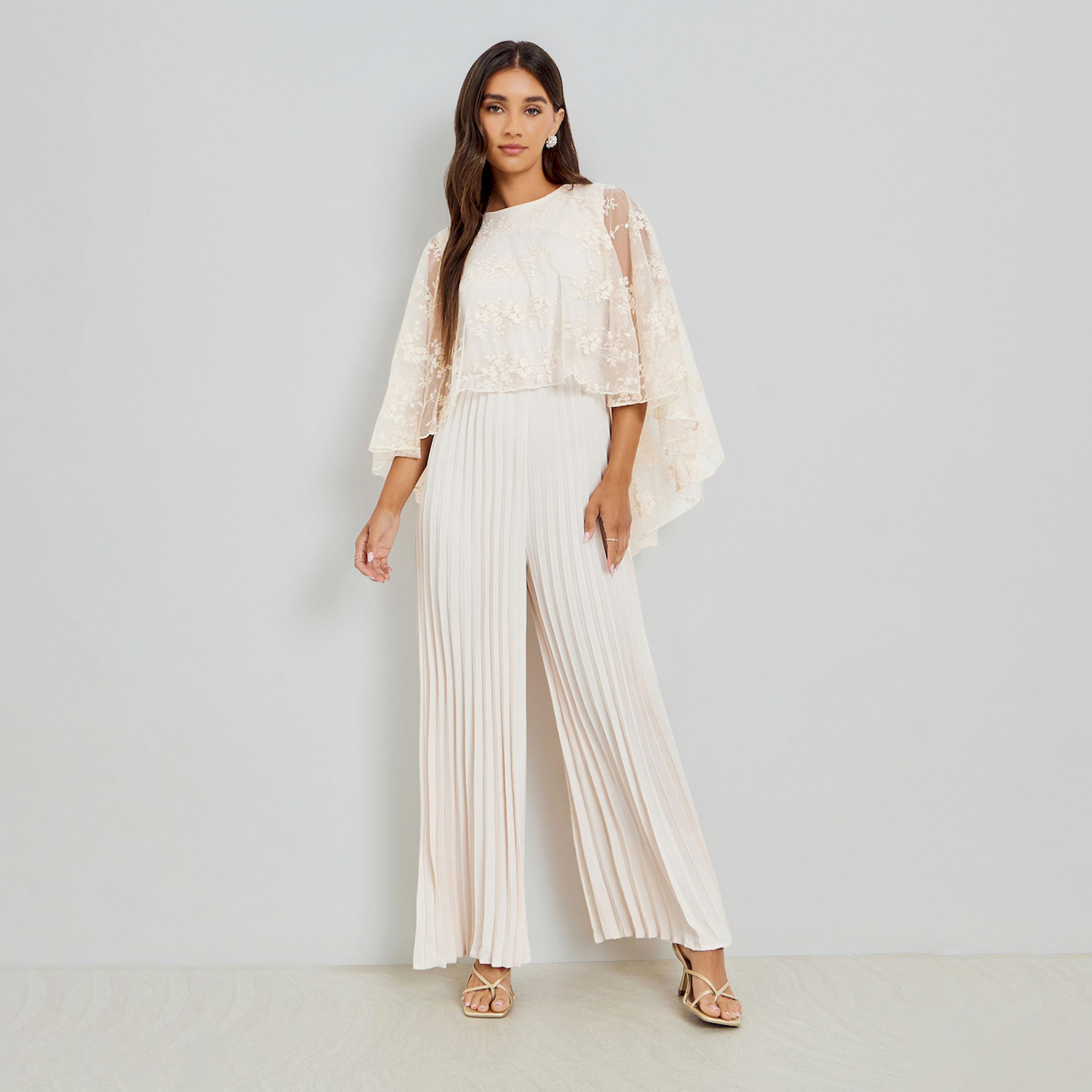 Styli Cream Cape Sleeve Wide Leg Pleated Jumpsuit-women-clothing-jumpsuits-image-1