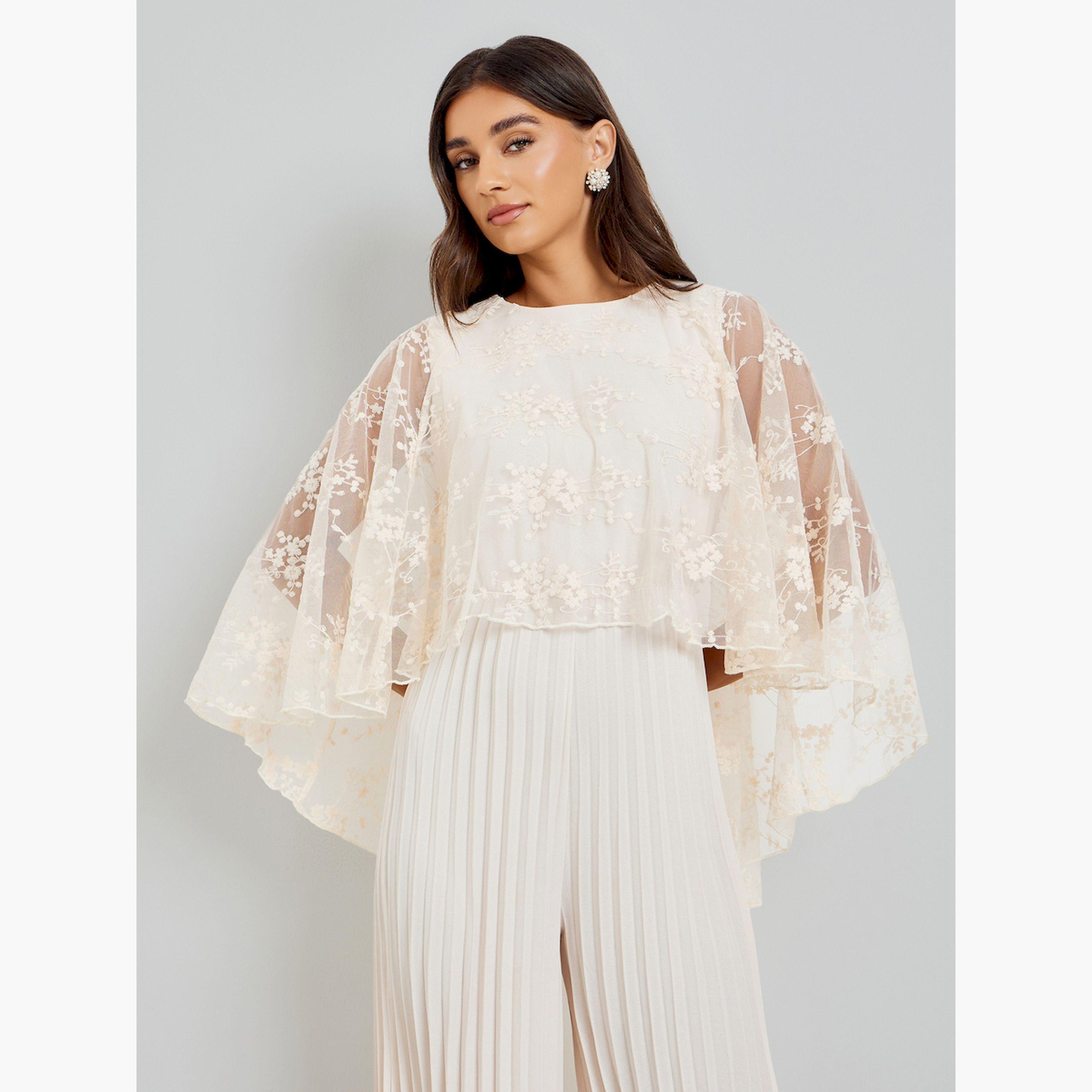 Styli Cream Cape Sleeve Wide Leg Pleated Jumpsuit-women-clothing-jumpsuits-image-2