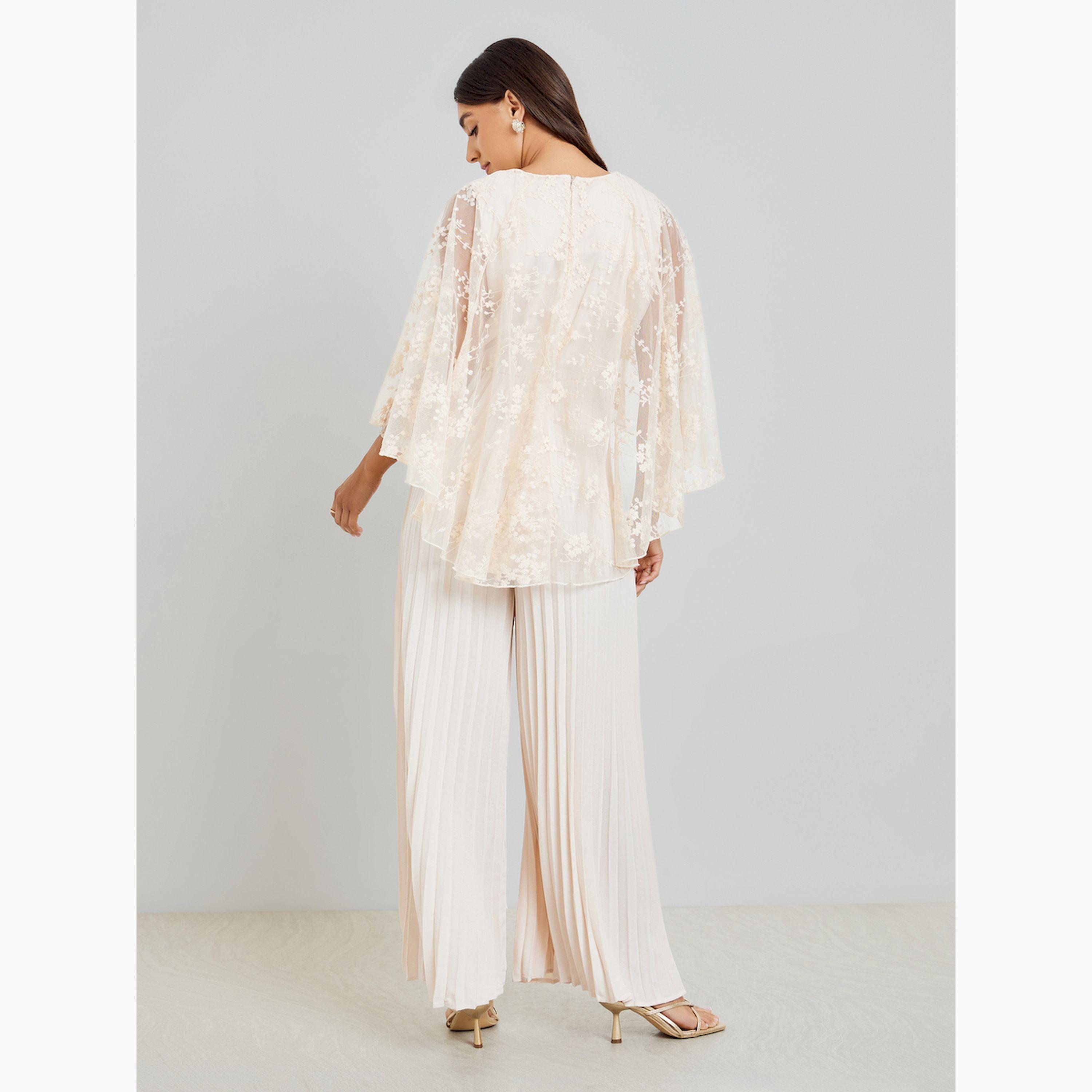 Styli Cream Cape Sleeve Wide Leg Pleated Jumpsuit-women-clothing-jumpsuits-image-4