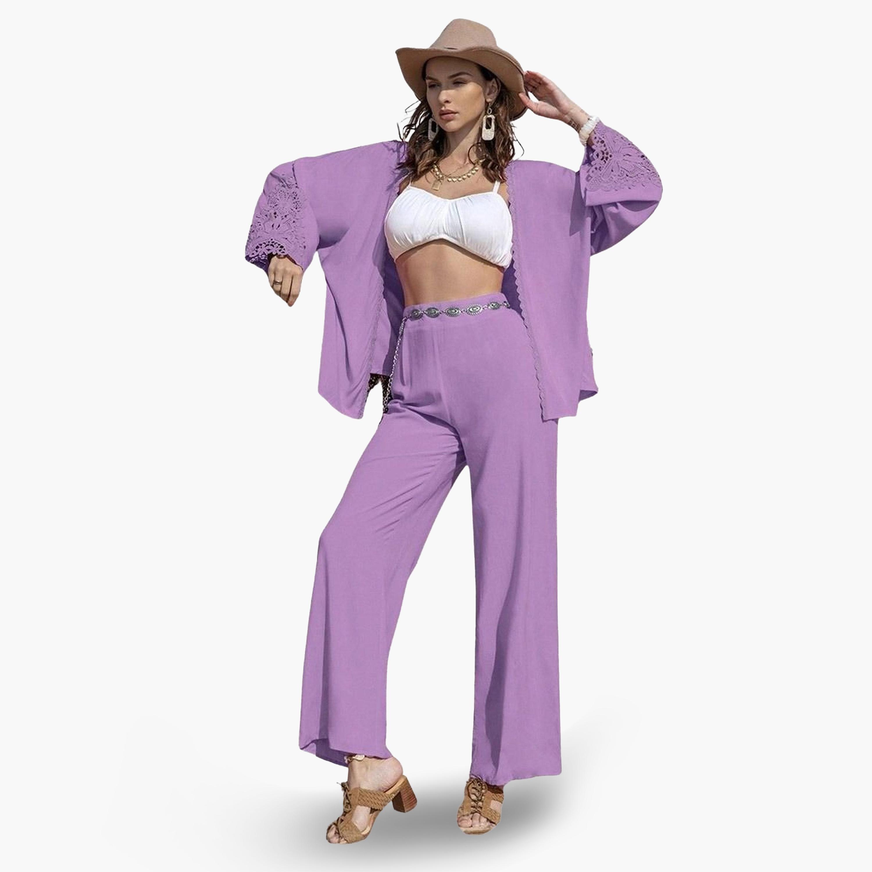 Take Two Women's Solid Long Sleeve Embroidery Detail Open Front Kimono With Pants Set-women-clothing-coordsets-image-1