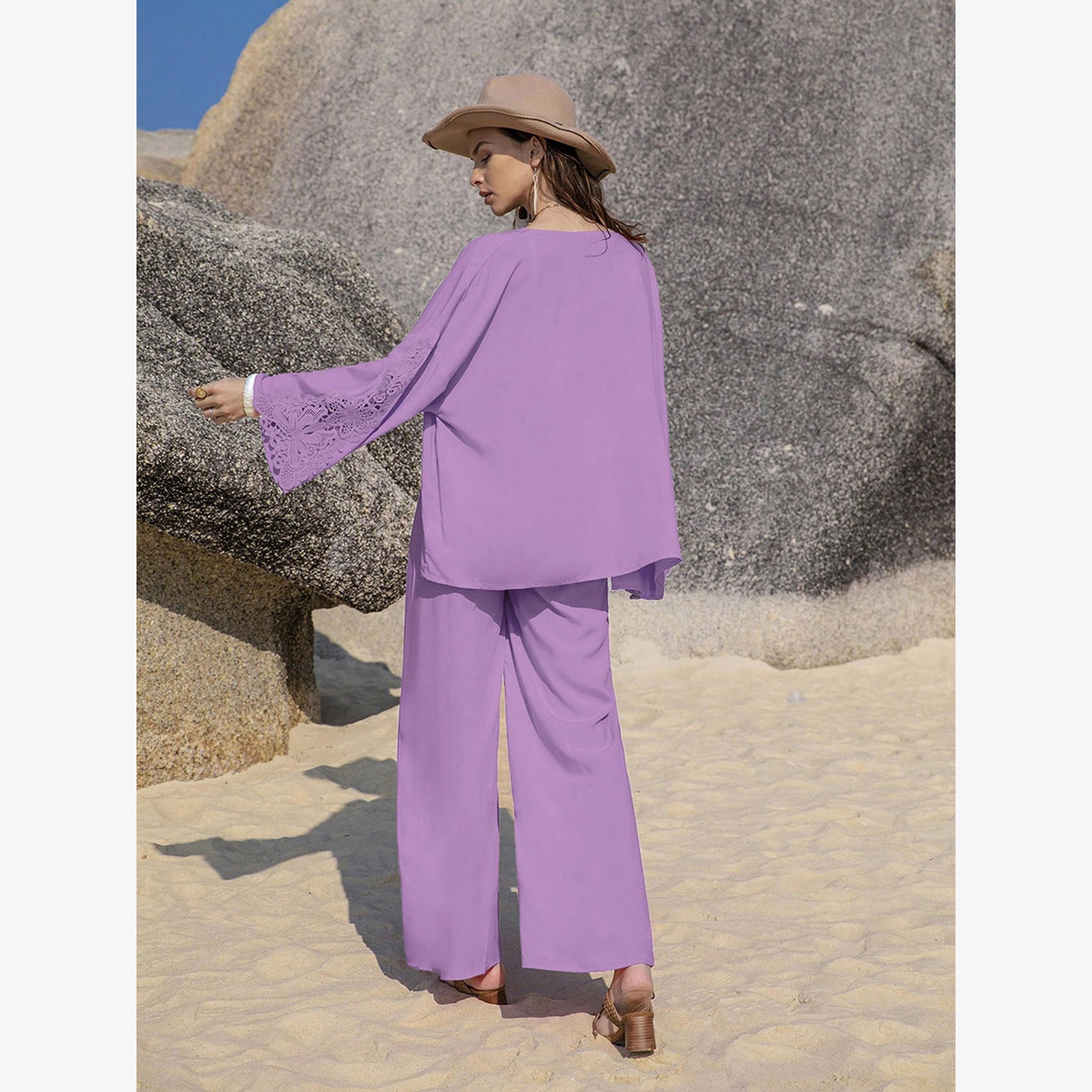 Take Two Women's Solid Long Sleeve Embroidery Detail Open Front Kimono With Pants Set-women-clothing-coordsets-image-3