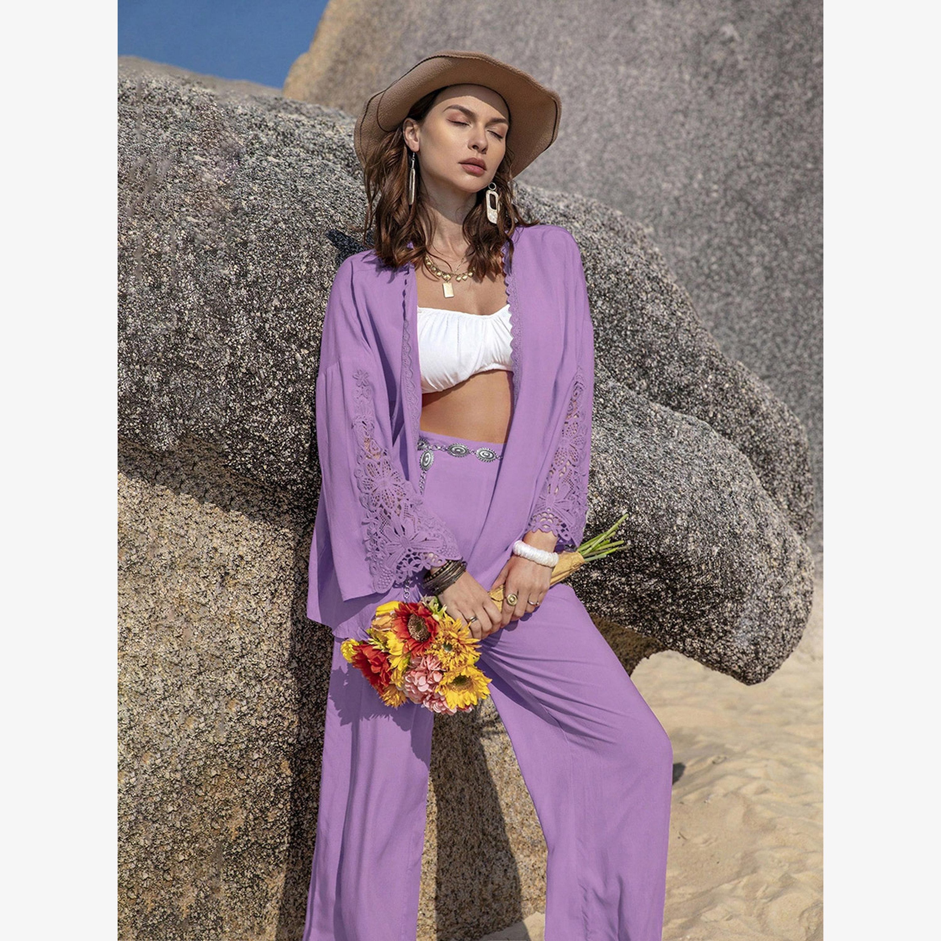 Take Two Women's Solid Long Sleeve Embroidery Detail Open Front Kimono With Pants Set-women-clothing-coordsets-image-4