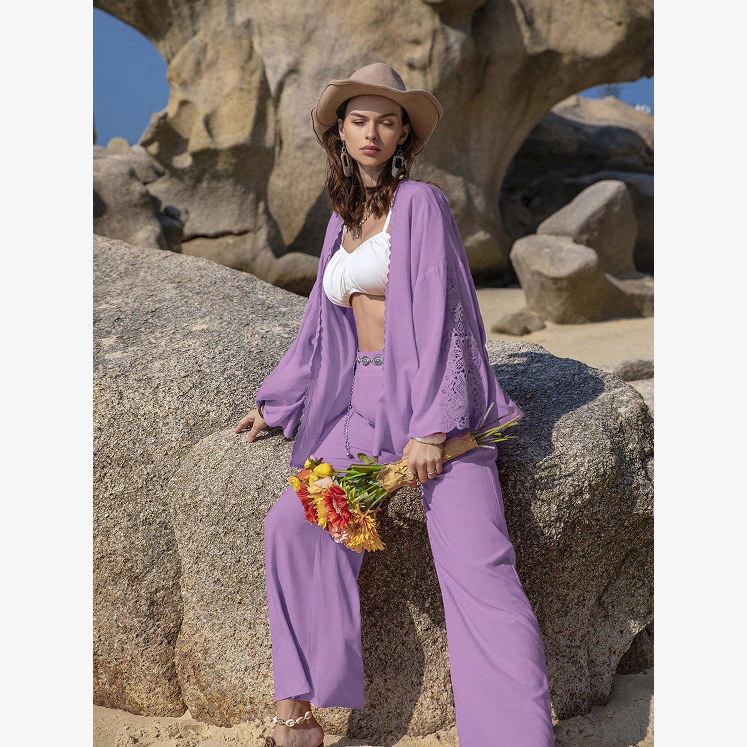 Take Two Women's Solid Long Sleeve Embroidery Detail Open Front Kimono With Pants Set-women-clothing-coordsets-image-5