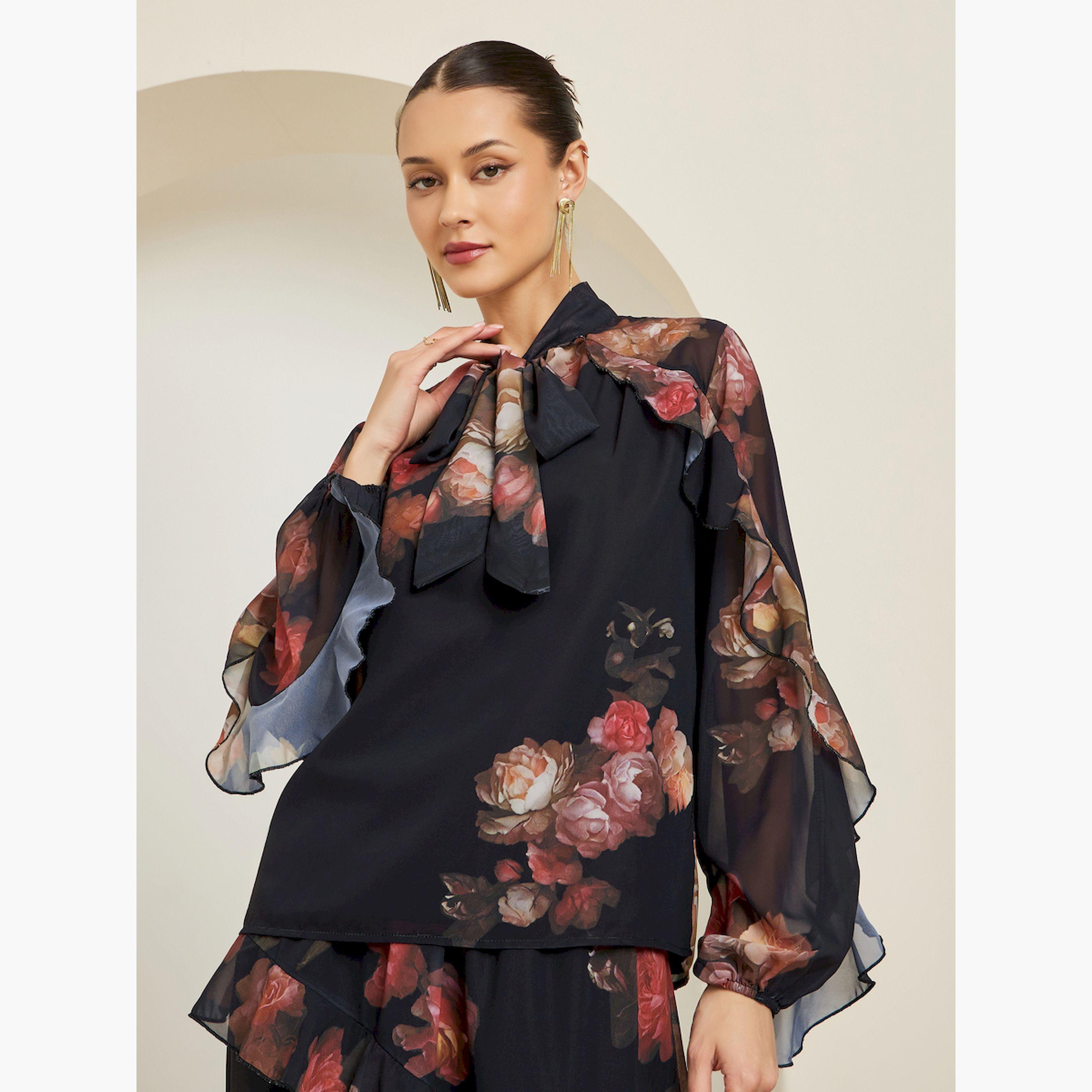 بلوزة بأكمام مكشكشة وطبعة زهور-women-clothing-shirtsandblouses-blouses-image-1