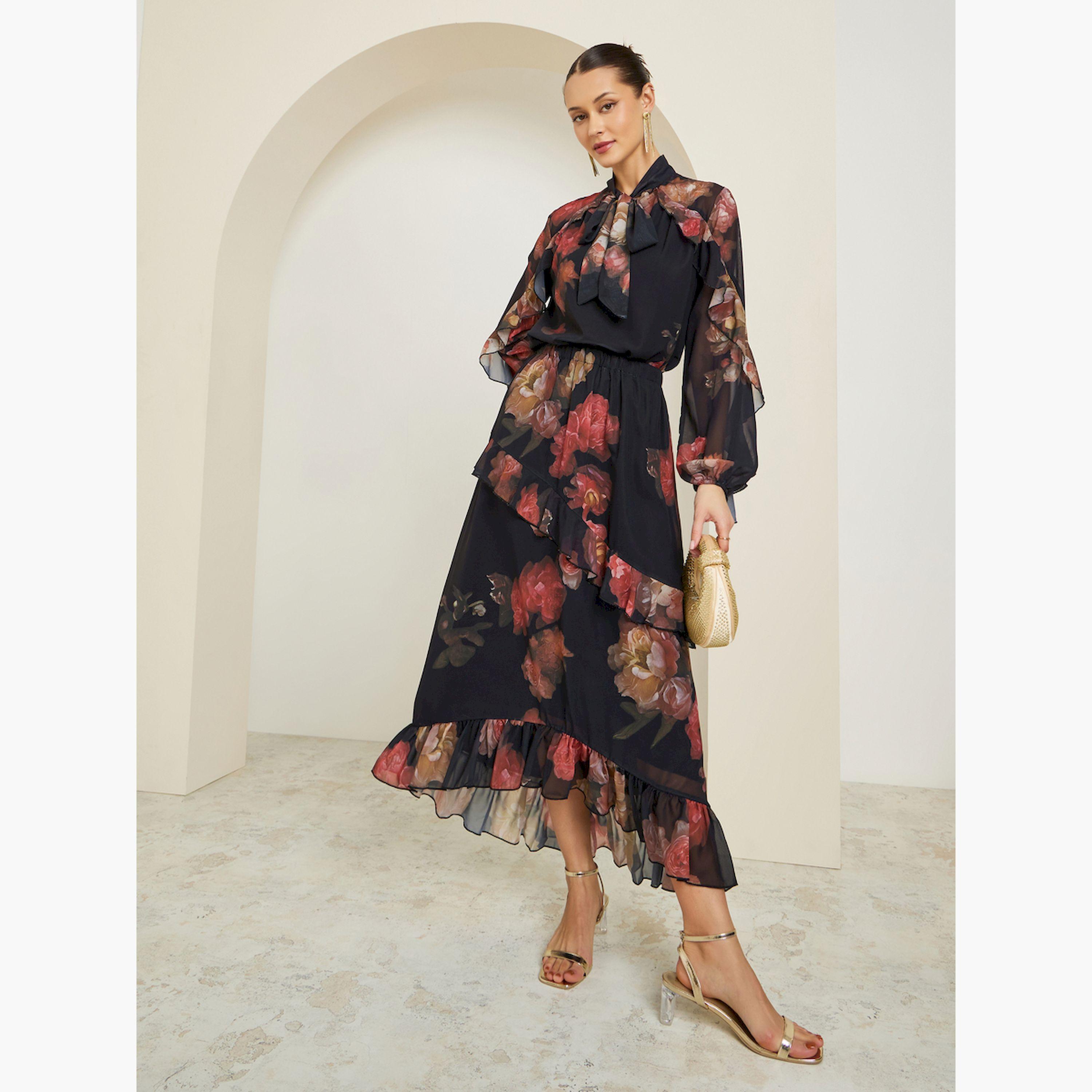 Styli Black Floral Print Ruffled Sleeve Blouse-women-clothing-shirtsandblouses-blouses-image-2