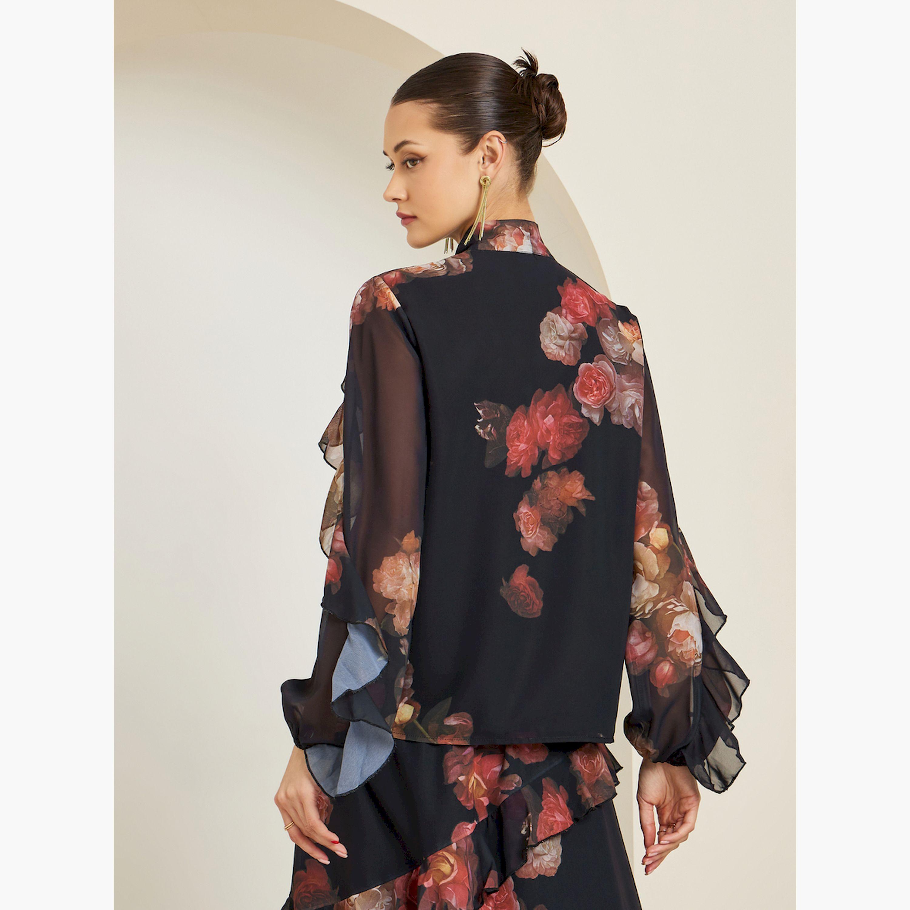Styli Black Floral Print Ruffled Sleeve Blouse-women-clothing-shirtsandblouses-blouses-image-4
