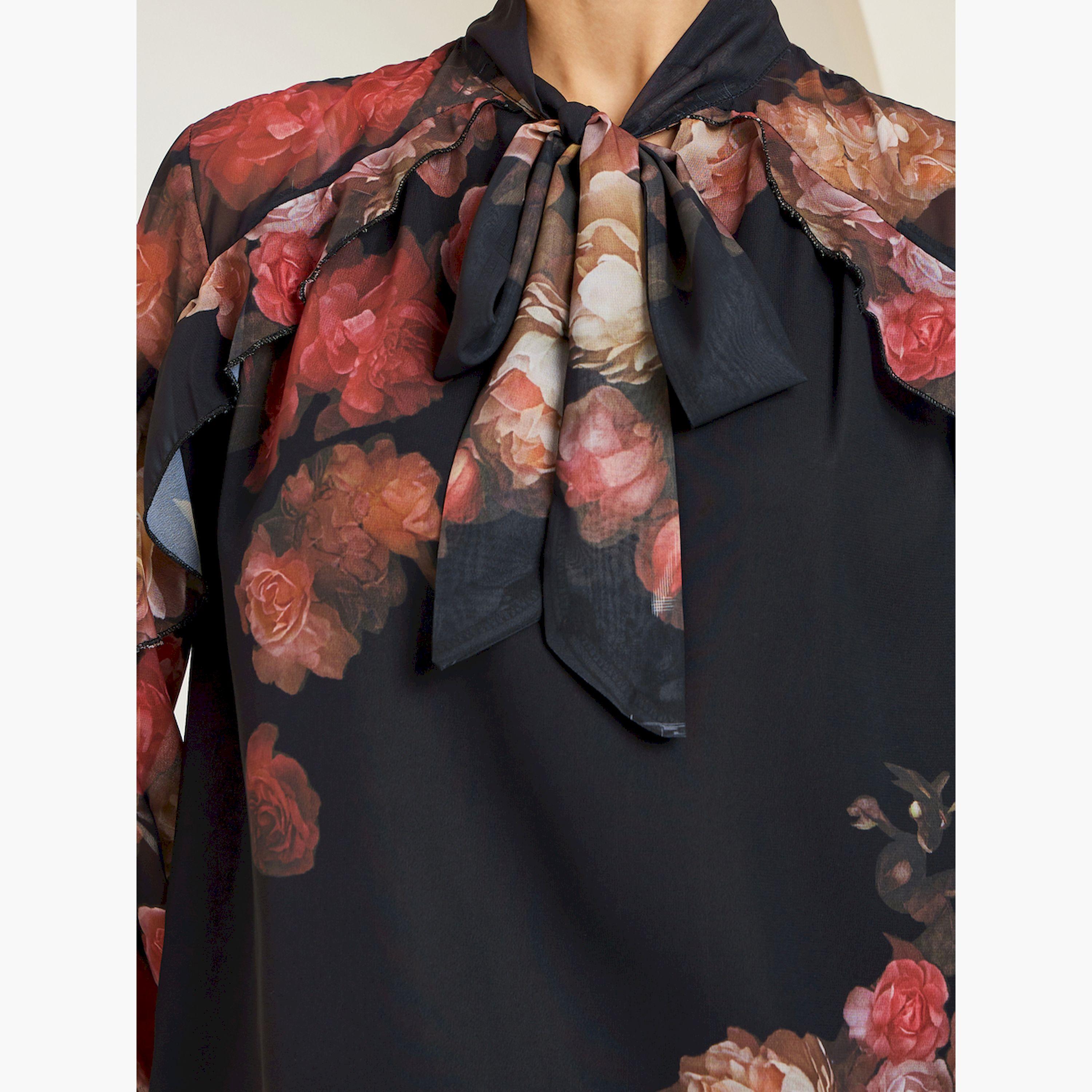 Styli Black Floral Print Ruffled Sleeve Blouse-women-clothing-shirtsandblouses-blouses-image-5