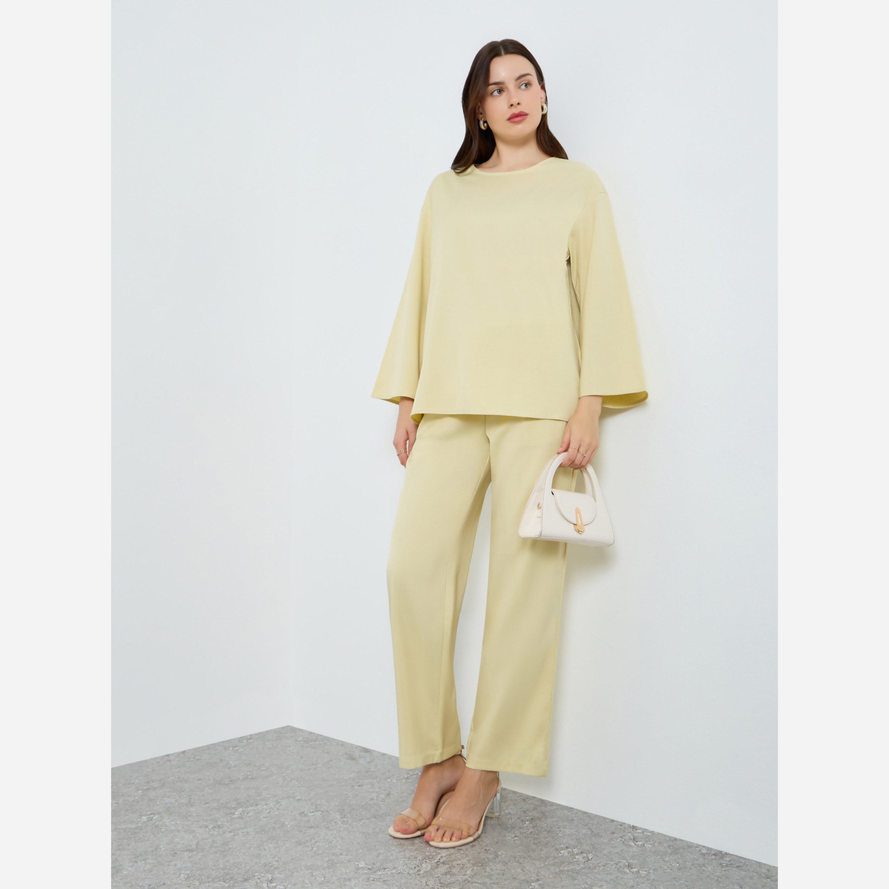 Styli Solid Woven Long Sleeve Top and Wide Leg Pants Set-women-clothing-coordsets-image-1