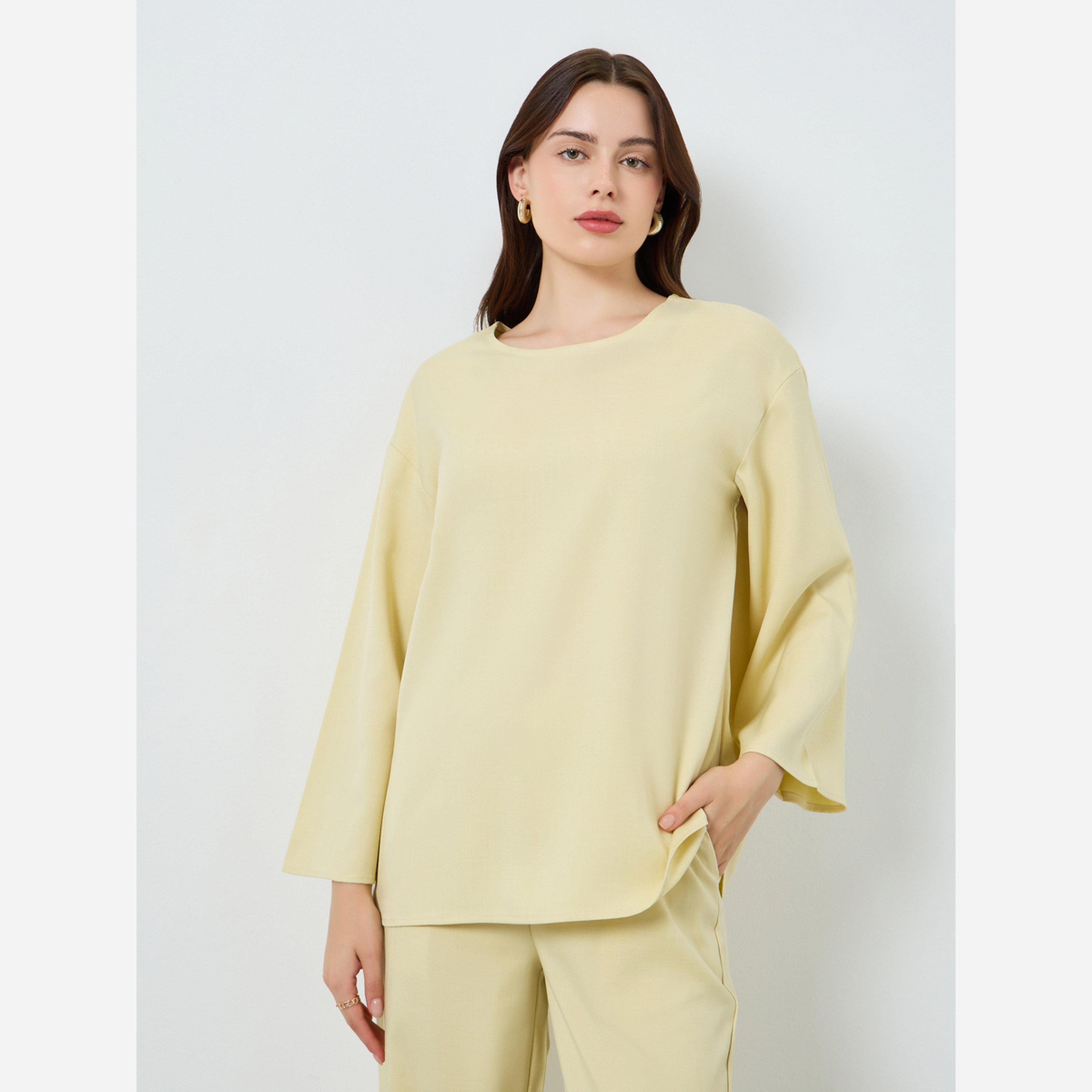 Styli Solid Woven Long Sleeve Top and Wide Leg Pants Set-women-clothing-coordsets-image-2