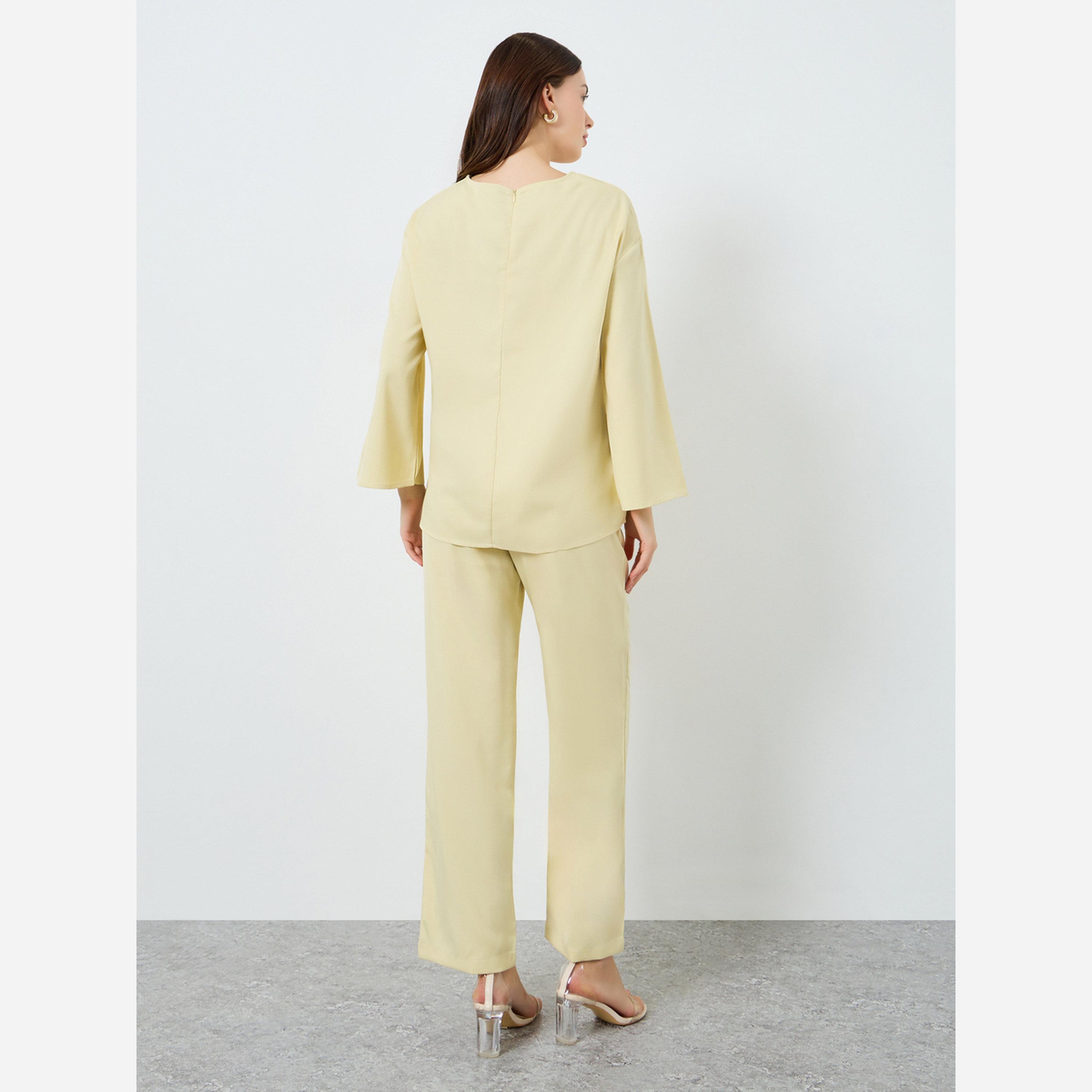 Styli Solid Woven Long Sleeve Top and Wide Leg Pants Set-women-clothing-coordsets-image-3